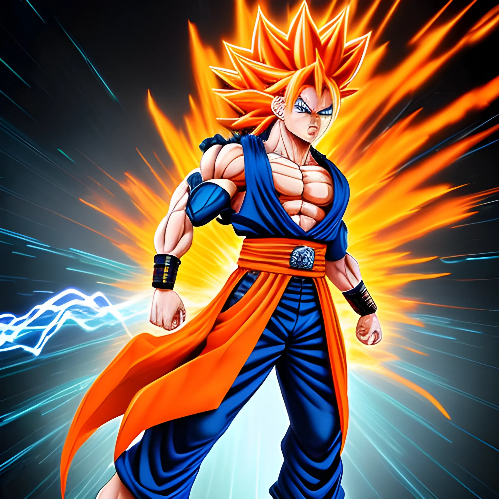 A dynamic and awe-inspiring fusion of power and wisdom, Gogeta Naruto stands tall against a backdrop of swirling cosmic energy, his muscular form accentuated by the radiant glow of his fiery orange hair with black spikes. His piercing blue and orange eyes gleam with determination, intelligence, and a playful sense of humor. Clad in a striking blue suit adorned with vibrant orange accents, he exudes an air of optimism and strategic prowess. The scene is set in a mystical realm, where the lines between reality and fantasy blur, creating a captivating and unforgettable image., 3D