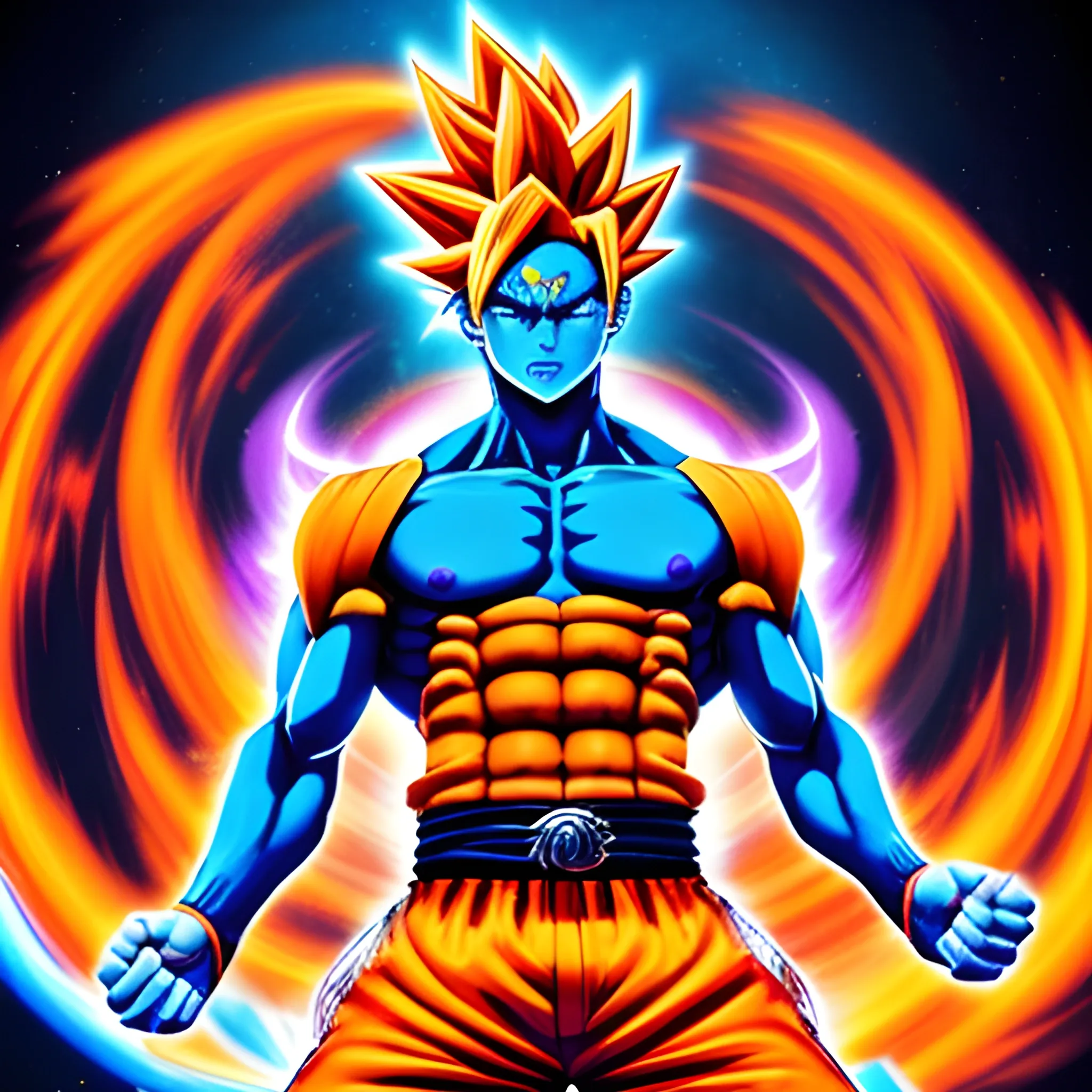 , Trippy, TrippyA dynamic and awe-inspiring fusion of power and wisdom, Gogeta Naruto stands tall against a backdrop of swirling cosmic energy, his muscular form accentuated by the radiant glow of his fiery orange hair with black spikes. His piercing blue and orange eyes gleam with determination, intelligence, and a playful sense of humor. Clad in a striking blue suit adorned with vibrant orange accents, he exudes an air of optimism and strategic prowess. The scene is set in a mystical realm, where the lines between reality and fantasy blur, creating a captivating and unforgettable image.