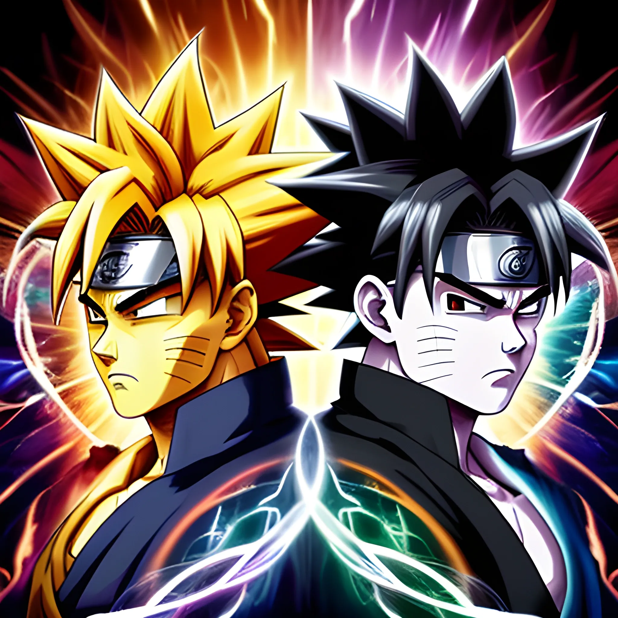 A dynamic fusion portrait of Goku and Naruto, both in their Sage of Six Paths mode, set against a backdrop of swirling cosmic energy. The powerful duo, radiating wisdom and strength, are depicted in a dramatic pose, their eyes glowing with determination. The portrait is filled with intricate details, such as the swirling energy trails and the iconic symbols of their respective worlds, creating an aura of mystique and power. estilo realista