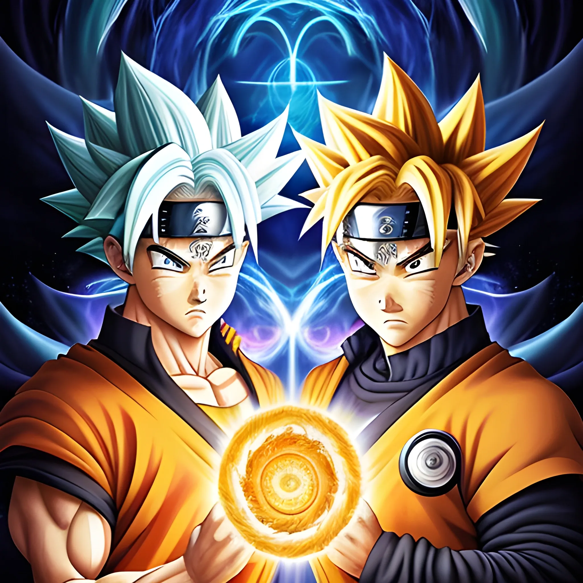 A dynamic fusion portrait of Goku and Naruto, both in their Sage of Six Paths mode, set against a backdrop of swirling cosmic energy. The powerful duo, radiating wisdom and strength, are depicted in a dramatic pose, their eyes glowing with determination. The portrait is filled with intricate details, such as the swirling energy trails and the iconic symbols of their respective worlds, creating an aura of mystique and power. estilo realista, Oil Painting, Oil Painting