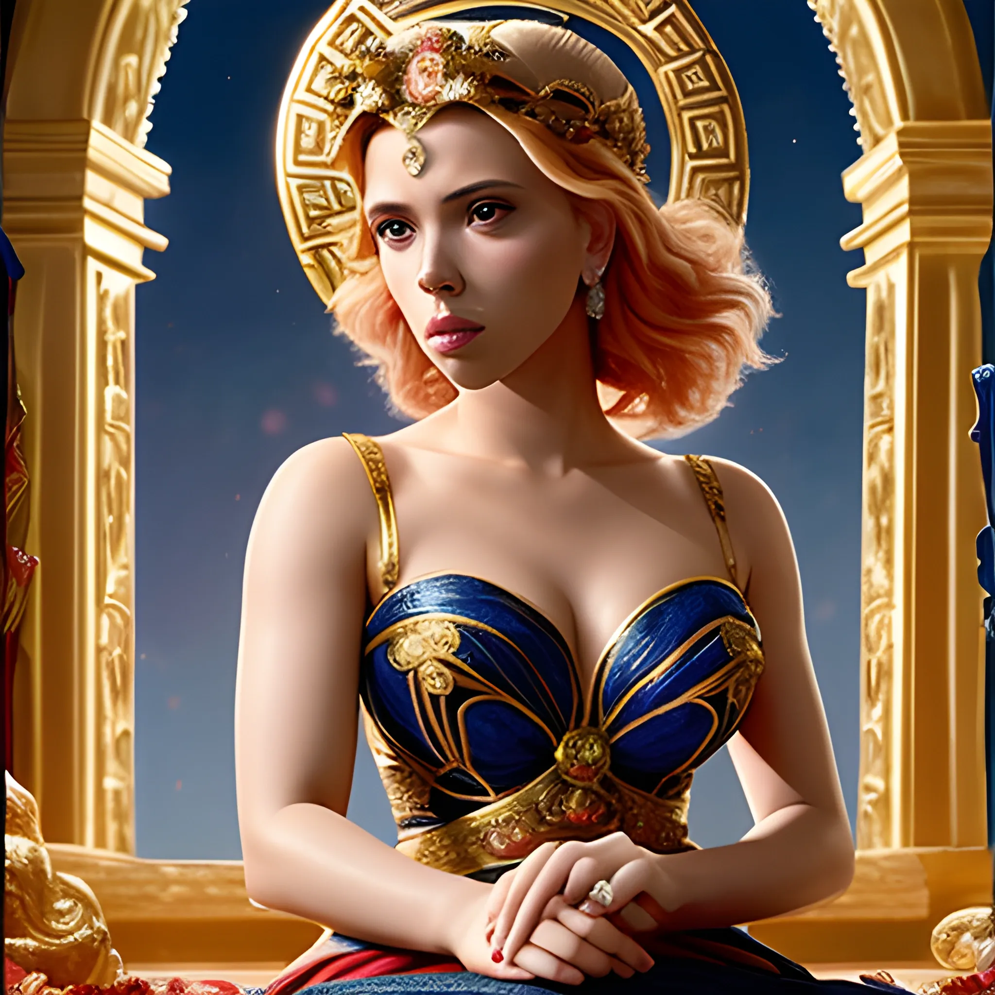 scarlett johansson dressed as a greek goddess extremely hot in front of a ring of sapphire rose ring, ornate gold border, vignette, warm tri - color, subtle chromatic aberration, painted by francis goya