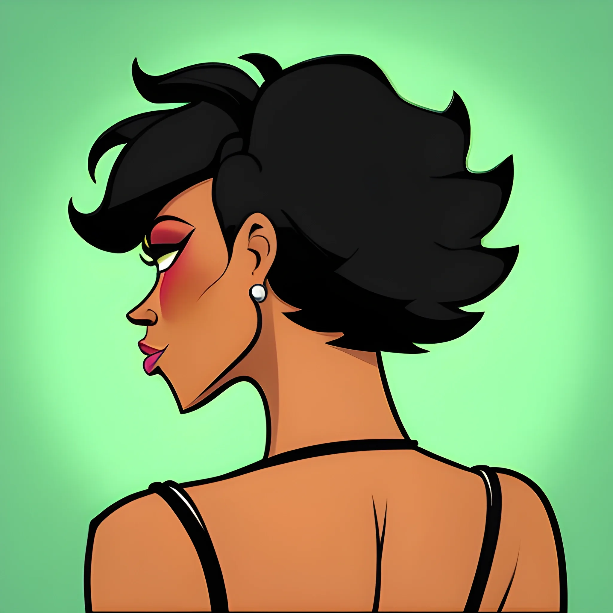 back view, sofisticated, Cartoon, small head black woman  kneel down, short hair , dancing. background