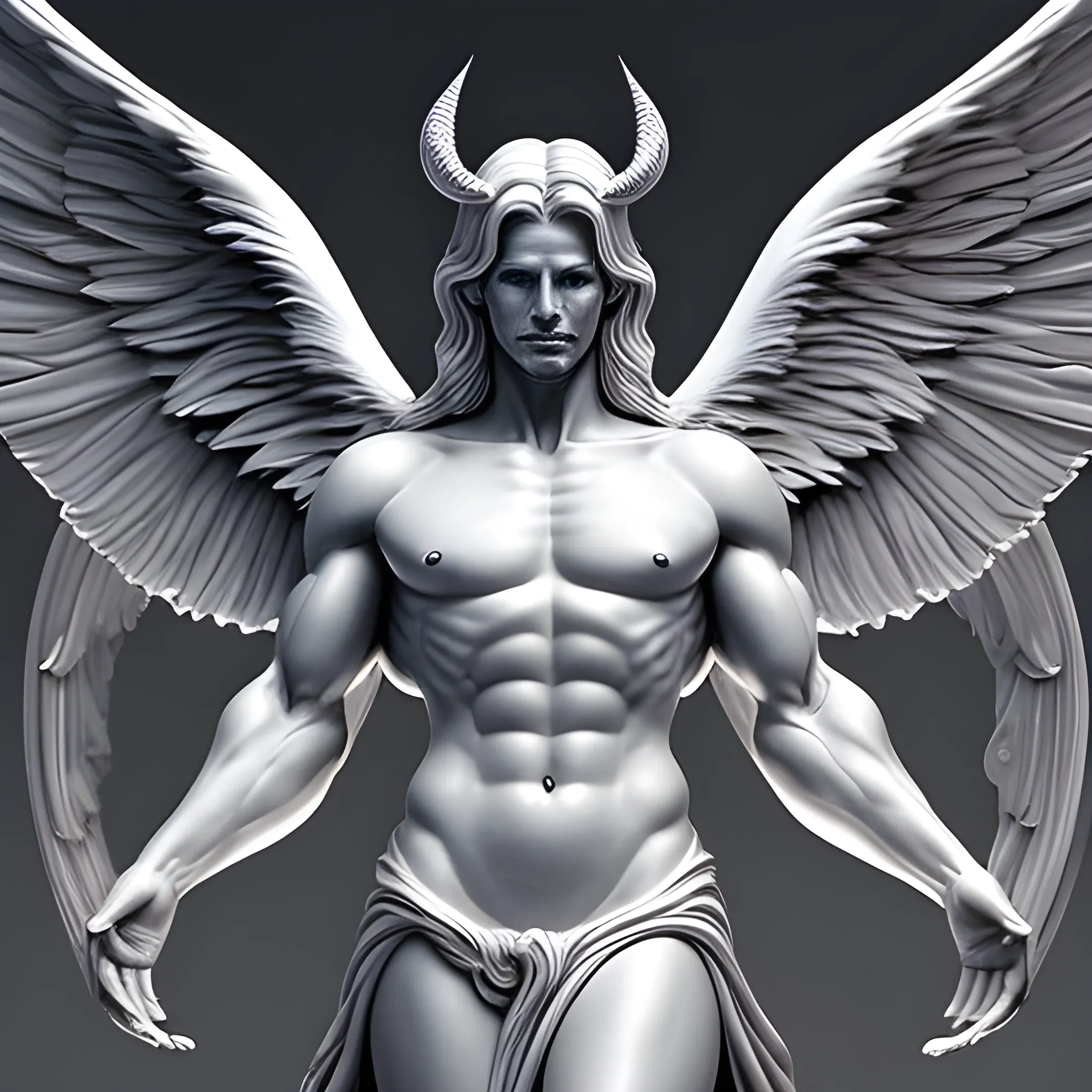 Lucifer in full growth as the most beautiful and recognized as the best of the angels. The bodies of angels are clearly muscular, mobile, harmoniously proportioned. The face is detailed, the emotion is accentuated.