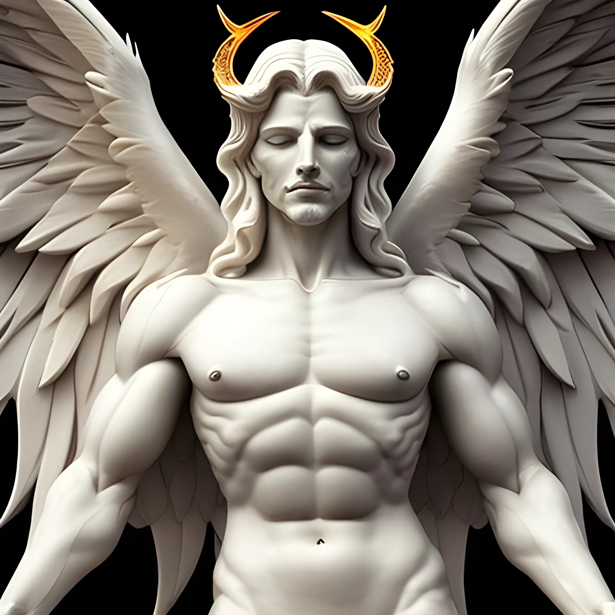 Lucifer in full growth as the most beautiful and recognized as the best of the angels. The bodies of angels are clearly muscular, mobile, harmoniously proportioned. The face is detailed, the emotion is accentuated. Gender is not expressed.