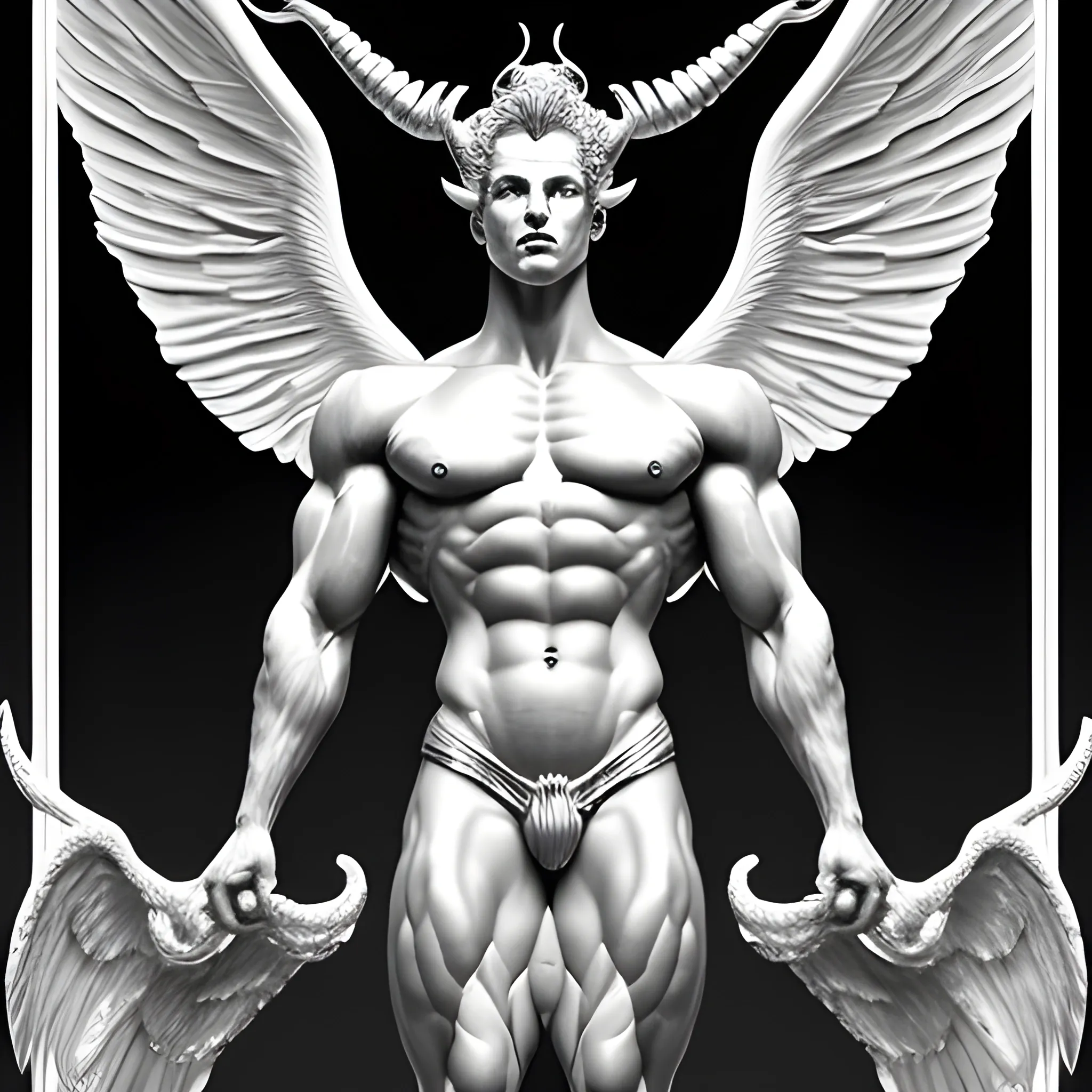 Lucifer in full growth as the most beautiful and recognized as the best of the angels. There is a glowing halo, through which the outlines of elegant horns ghostly appear. The bodies of angels are clearly muscular, but lean (not bodybuilder); the bodies are elongated, folded according to silver proportions. The face is detailed, expressed feminine and charming. The emotion of envy is accentuated