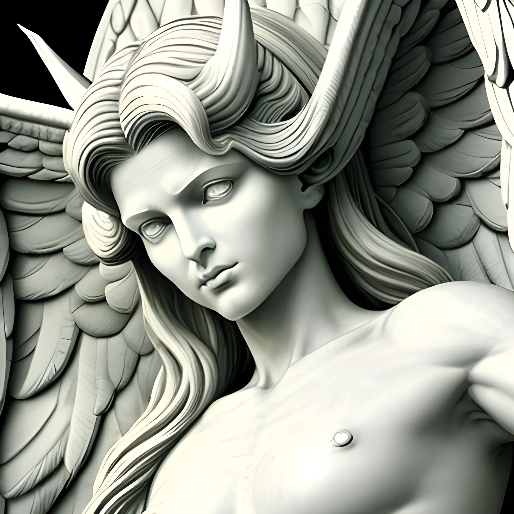 Lucifer in full growth as the most beautiful and recognized as the best of the angels. Above the head is a classic halo, through which the outlines of thin horns are barely visible. The bodies of angels are clearly muscular, but thin, built according to silver proportions. The face is detailed, expressed feminine and charming. The emotion of envy is accentuated.