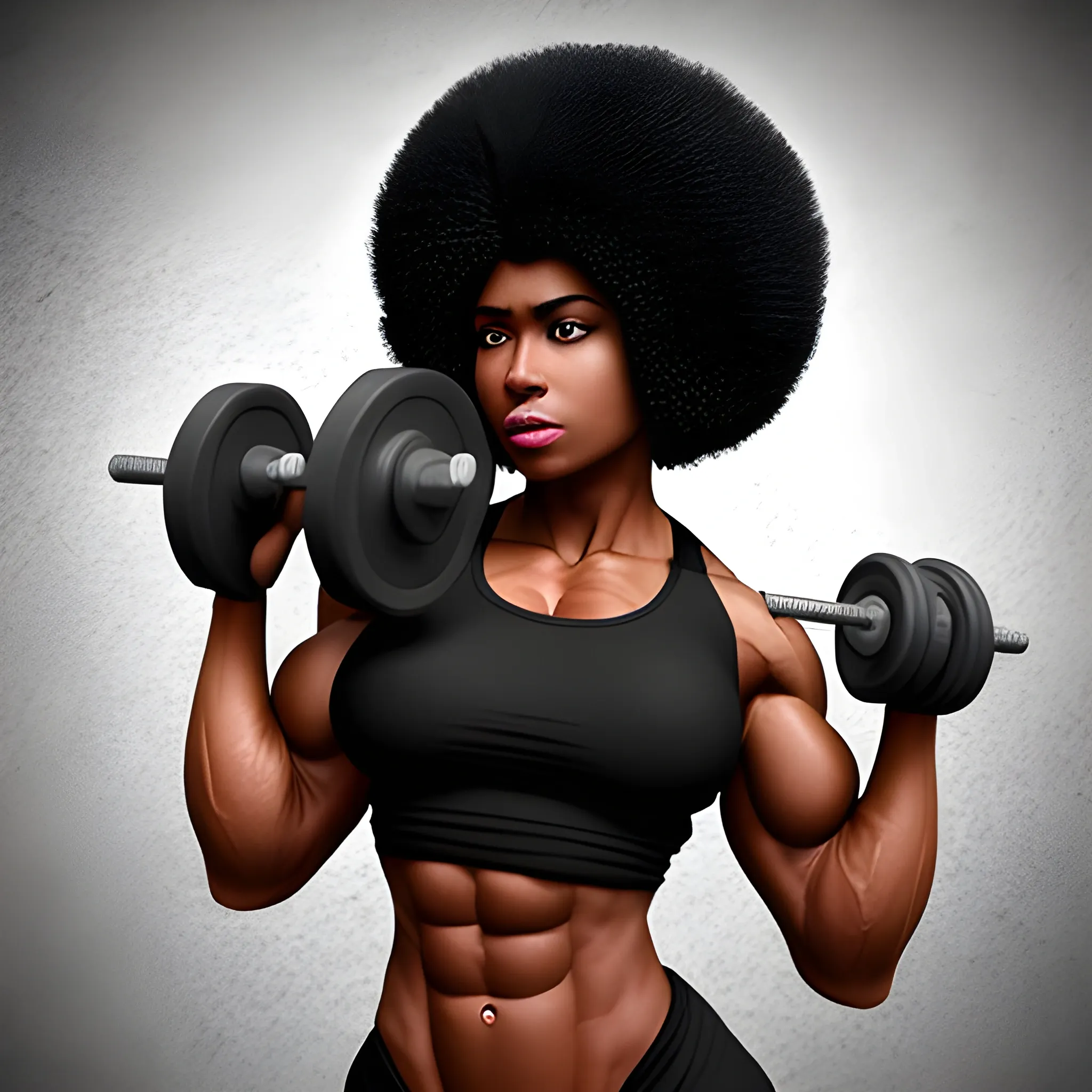 Well built woman, Black skinned woman, Bodybuilder, Afro haircut, 3D