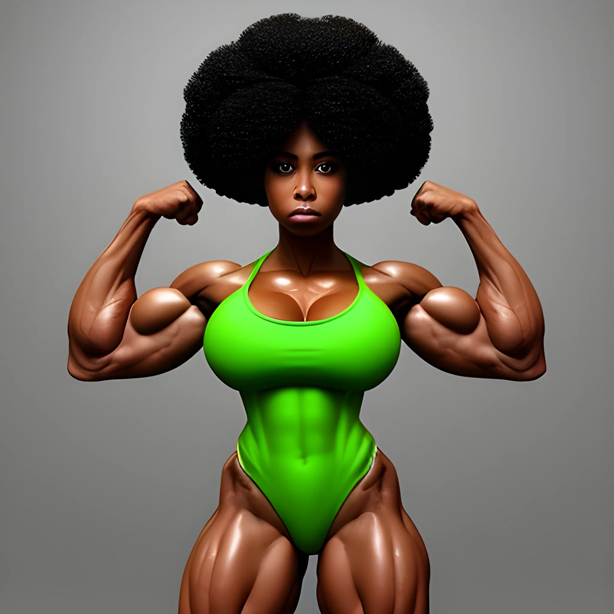 Well built woman, Black skinned woman, Bodybuilder, Afro haircut, 3D, Busty