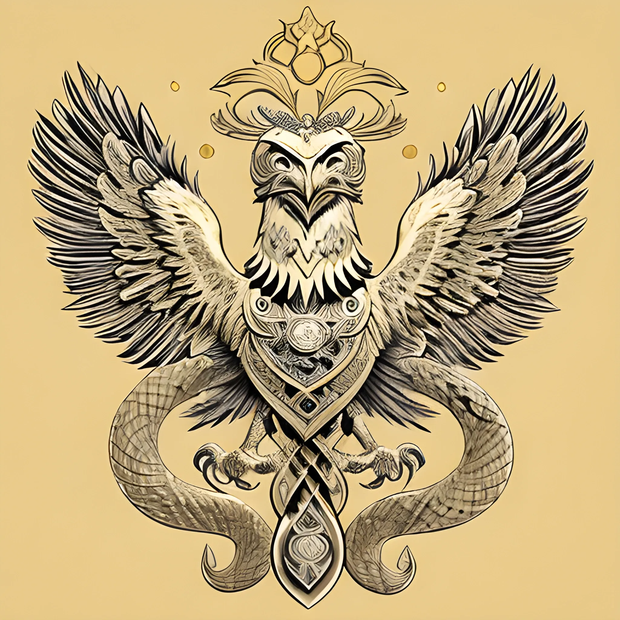 A family crest with the following elements:

1. **Golden Eagle**: In the center, a golden eagle with wings spread, symbolizing strength and glory. The eagle wears a ruby necklace on its chest, symbolizing wealth and nobility.
2. **Snake**: A snake is entwined around the eagle's horns and claws, symbolizing wisdom and protection.
3. **Wheat**: Below the eagle, there are golden wheat stalks, symbolizing abundance and prosperity.
highly detailed, sumi - e art, suiboku - ga ink, by kim jisu, pen and ink monochrome, mecha, deviantart, artstation, pinterest