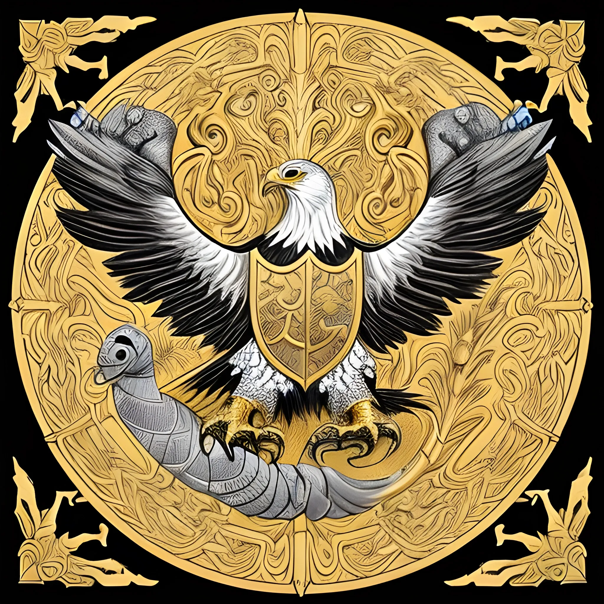 Coat of arms of Perenolde, Alpine Family with the following elements:

1. **Golden Eagle**: In the center, a golden eagle with wings spread, symbolizing strength and glory. The eagle wears a ruby necklace on its chest, symbolizing wealth and nobility.
2. **Snake**: A snake is entwined around the eagle's horns and claws, symbolizing wisdom and protection.
3. **Wheat**: Below the eagle, there are golden wheat stalks, symbolizing abundance and prosperity.
highly detailed, sumi - e art, suiboku - ga ink, by kim jisu, pen and ink monochrome, mecha, deviantart, artstation, pinterest