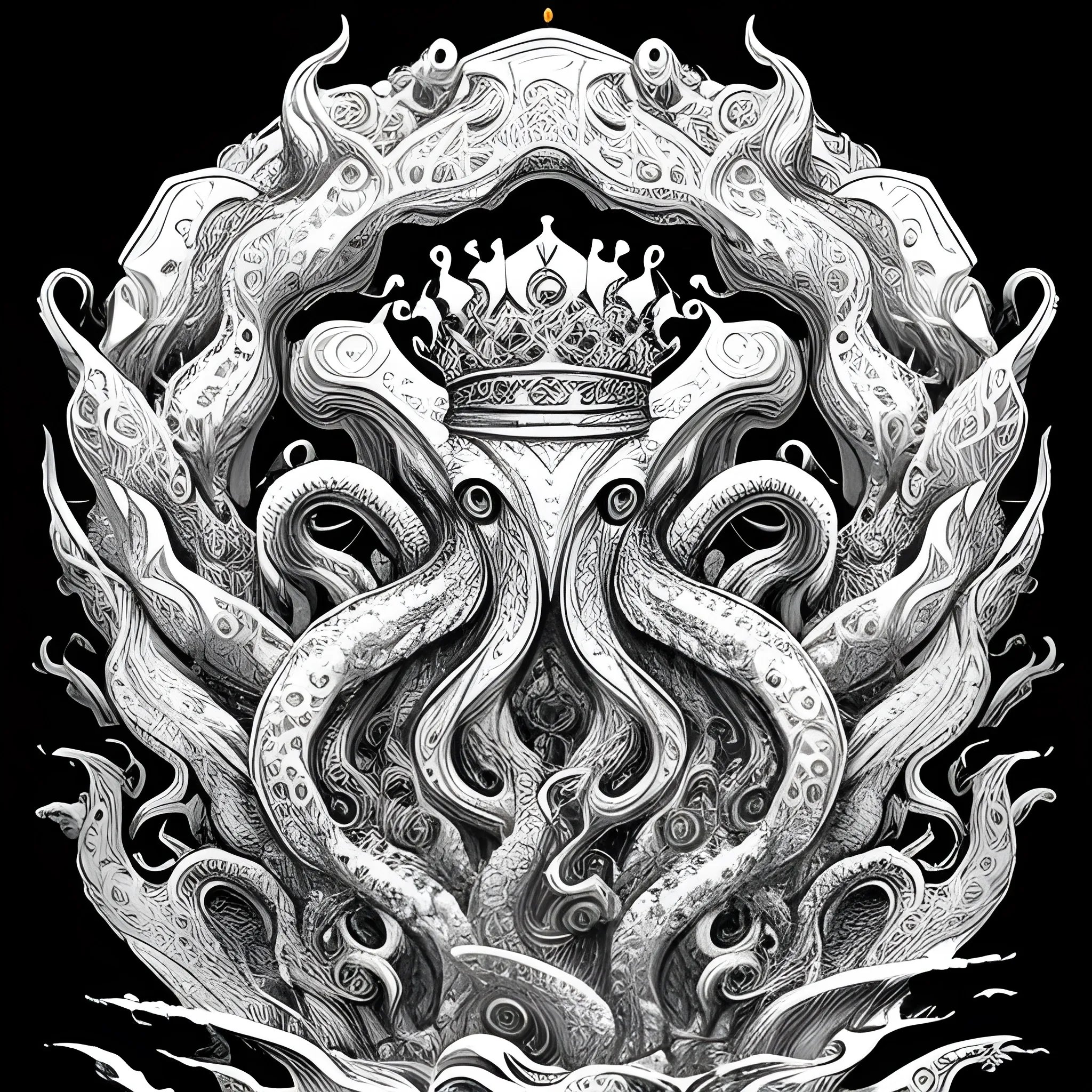 Family crest

1. **Shape of the Badge**: Consider using a traditional shield shape as the base to highlight the octopus's majesty and power.
2. **Position of the Octopus**: Place the giant eight-armed octopus in the center of the badge as the main element.
3. **Crowns on the Tentacles**: Design the crowns on each tentacle to be intricate and prominent, symbolizing the family's nobility and honor.
4. **Raging Waves**: Add crashing waves below or around the octopus to represent the sea monster stirring up the waves.
5. **Colors**: Use purple as the main color, paired with gold or silver crowns to emphasize nobility and mystery. The background can be deep blue or black to simulate the depth of the ocean.

 highly detailed, sumi - e art, suiboku - ga ink, by kim jisu, pen and ink monochrome, mecha, deviantart, artstation, pinterest