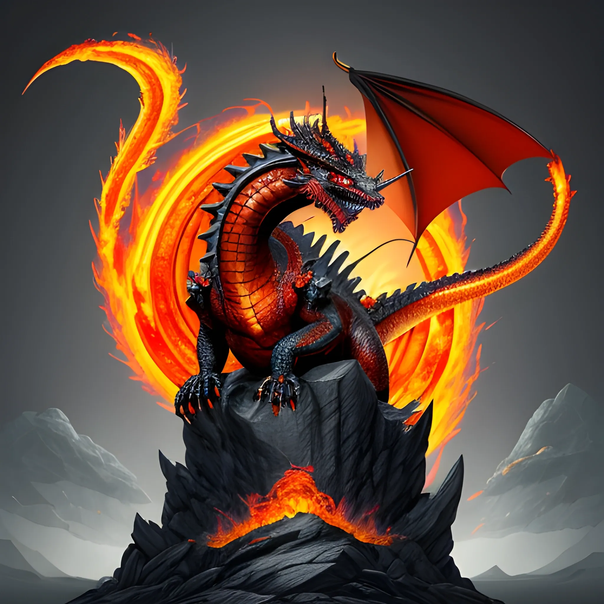 **Balerion Family Crest:**

1. **Shape of the Badge**: Use a traditional shield shape as the base to reflect majesty and power.
2. **Dragon Position**: Place the giant black-red dragon in the center of the badge as the main visual element.
3. **Lava Emission**: Design the dragon with lava spewing from its mouth to add dynamism and visual impact.
4. **Standing on Rocky Terrain**: Have the dragon’s feet resting on rugged mountain rocks to demonstrate its power and stability.
5. **Crown on the Head**: Add a regal crown to the dragon’s head, symbolizing the family’s honor and nobility.
6. **Colors**: Use black and red as the primary colors to highlight the dragon's majesty and mystery. The lava can be bright orange or red to enhance the visual effect. The background color can be a dark tone, such as deep gray or black, to contrast with the dragon's power. 
ancient painting style