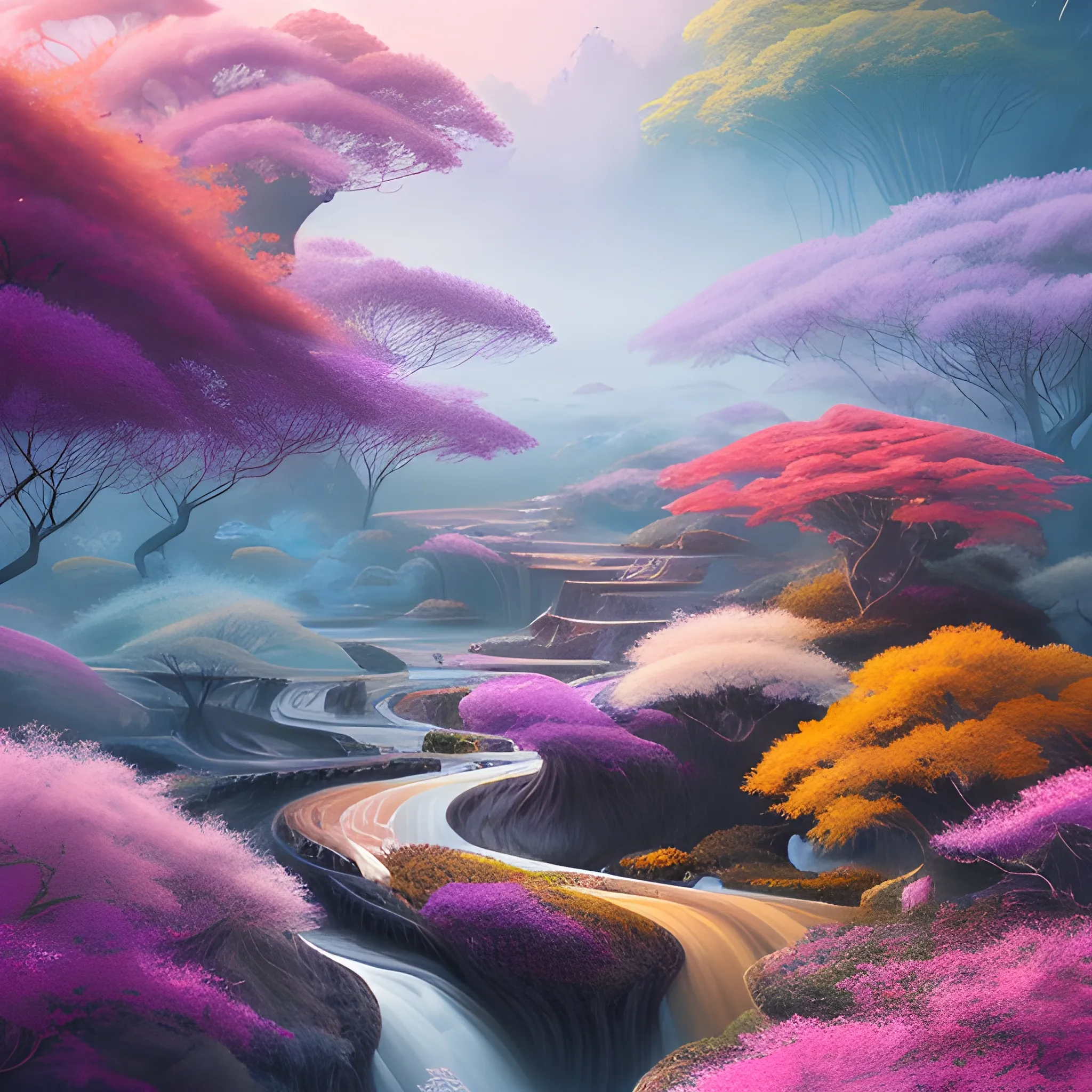 (by Ananta Mandal (and Andrew Biraj:0.5)), (in the style of nihonga), Style: Abstract, Medium: Digital illustration, Subject: An otherworldly landscape with floating islands, cascading waterfalls, and vibrant flora and fauna. Camera Angle: Overhead shot capturing the vastness and intricate details of the scene. The colors are saturated, and the lighting creates a warm and ethereal atmosphere. The painting is highly detailed, with every brushstroke capturing the complexity of the imaginary world., (high quality), (detailed), (masterpiece), (best quality), (highres), (extremely detailed), (8k)