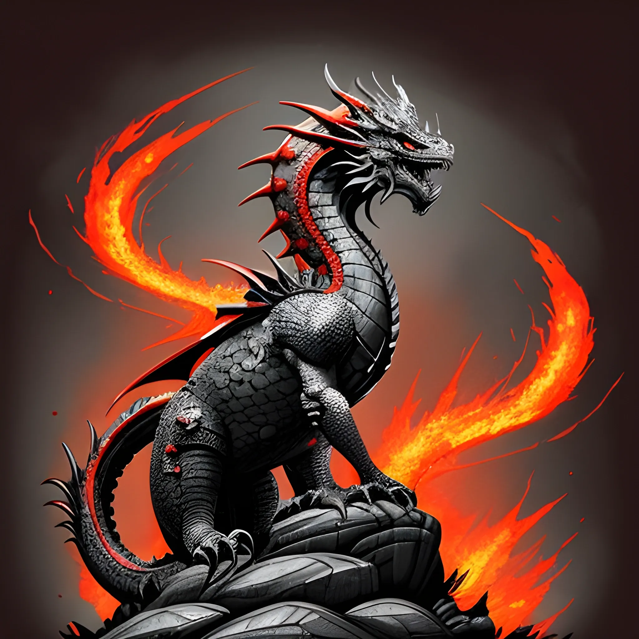 Balerion Family Crest:

1. Shape of the Badge: Use a traditional shield shape as the base to reflect majesty and power.
2. **Dragon Position**: Place the giant black-red dragon in the center of the badge as the main visual element.
3. Lava Emission  Design the dragon with lava spewing from its mouth to add dynamism and visual impact.
4. Standing on Rocky Terrain: Have the dragon’s feet resting on rugged mountain rocks to demonstrate its power and stability.
5. Crown on the Head: Add a regal crown to the dragon’s head, symbolizing the family’s honor and nobility.
6. Colors* Use black and red as the primary colors to highlight the dragon's majesty and mystery. The lava can be bright orange or red to enhance the visual effect. The background color can be a dark tone, such as deep gray or black, to contrast with the dragon's power. 

highly detailed, sumi - e art, suiboku - ga ink, by kim jisu, pen and ink monochrome, mecha, deviantart, artstation, pinterest