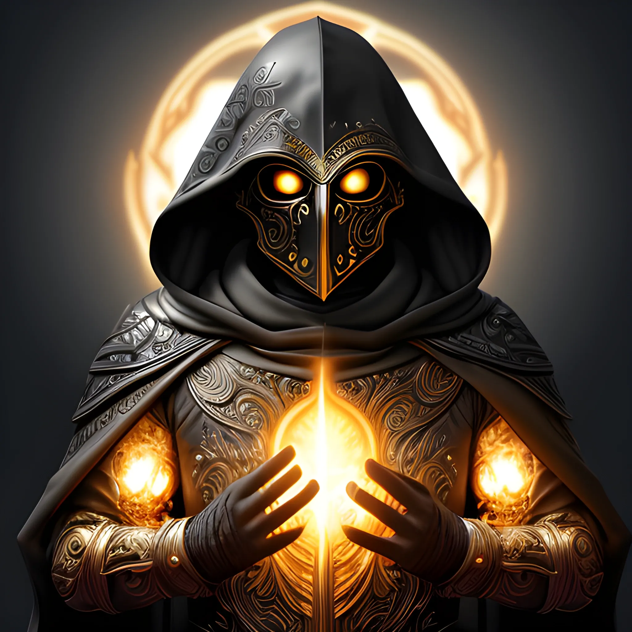 Create a realiCreate a realistic detailed and intricate image of a black paladin wearing a hooded cloak and a heavy metal mask that covers his face. Gold radiant light pours out from his eye sockets. He is burning with a radiant fire around his body. Background is heavenly but dark and eerie.