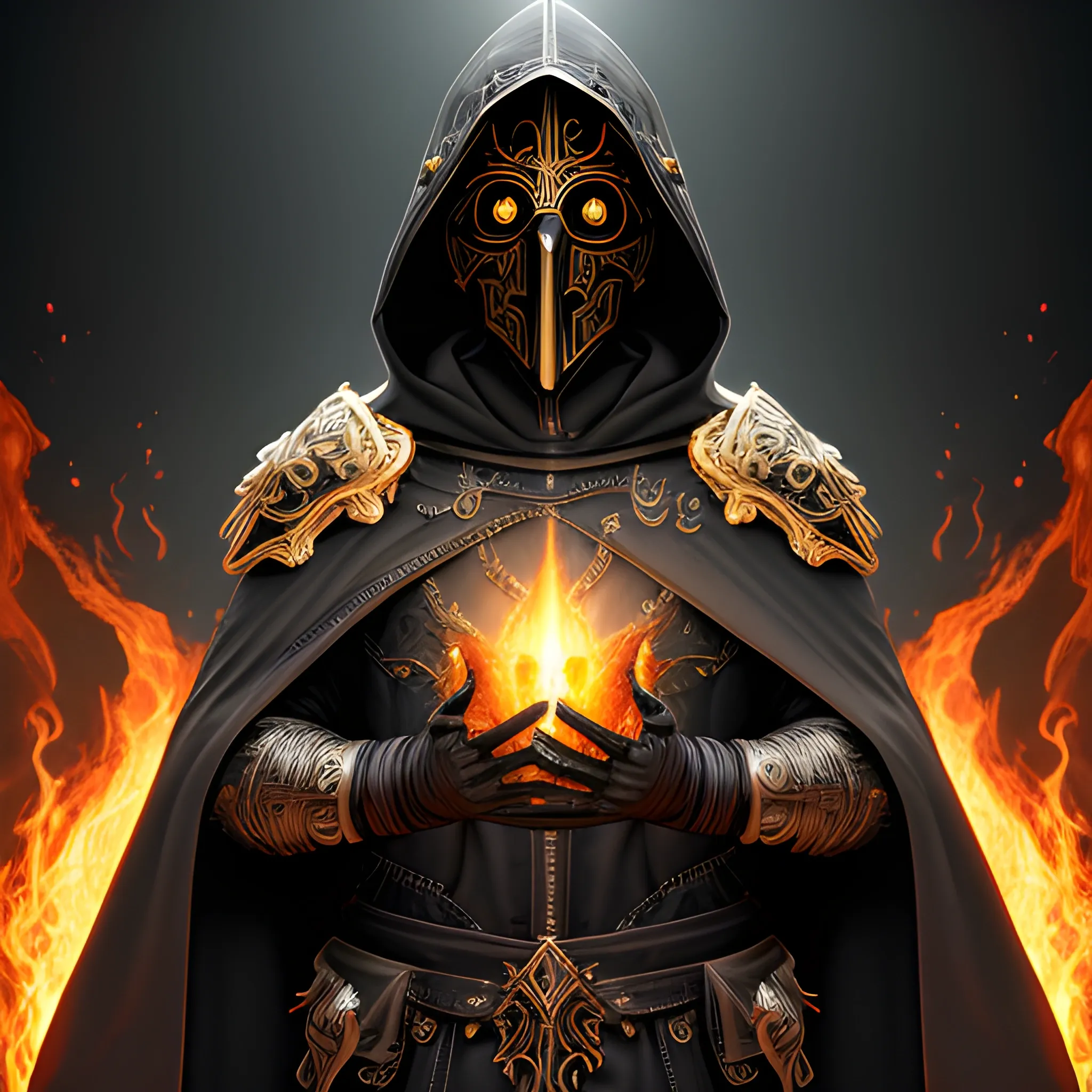 Create a realiCreate a realistic detailed and intricate image of a black paladin wearing a hooded cloak and a heavy metal mask that covers his face. Gold radiant light pours out from his eye sockets. He is burning with a radiant fire around his body. Background is heavenly but dark and eerie.