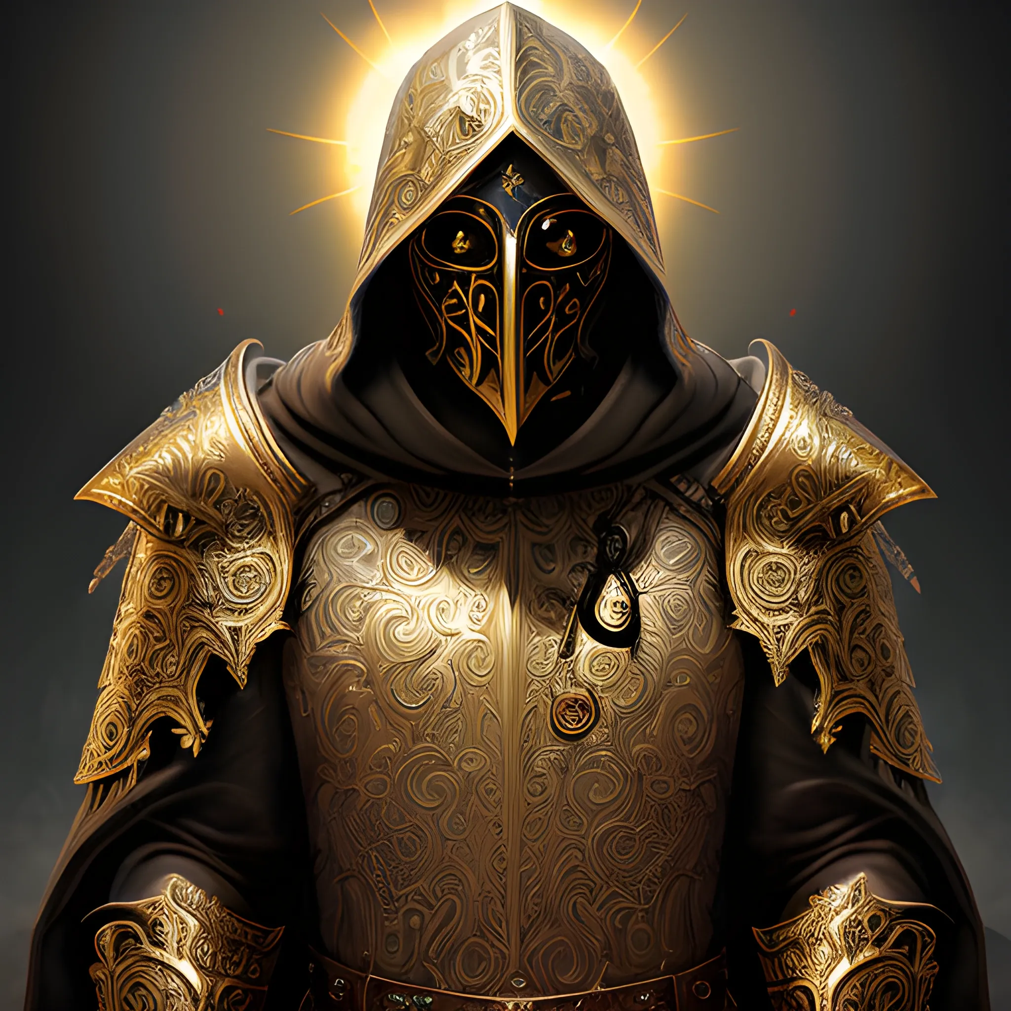 Create a realiCreate a realistic detailed and intricate image of an aasimar scourge paladin wearing a hooded cloak and a heavy metal mask that covers his face. Gold radiant light pours out from his eye sockets. Background is heavenly but dark and eerie., Oil Painting