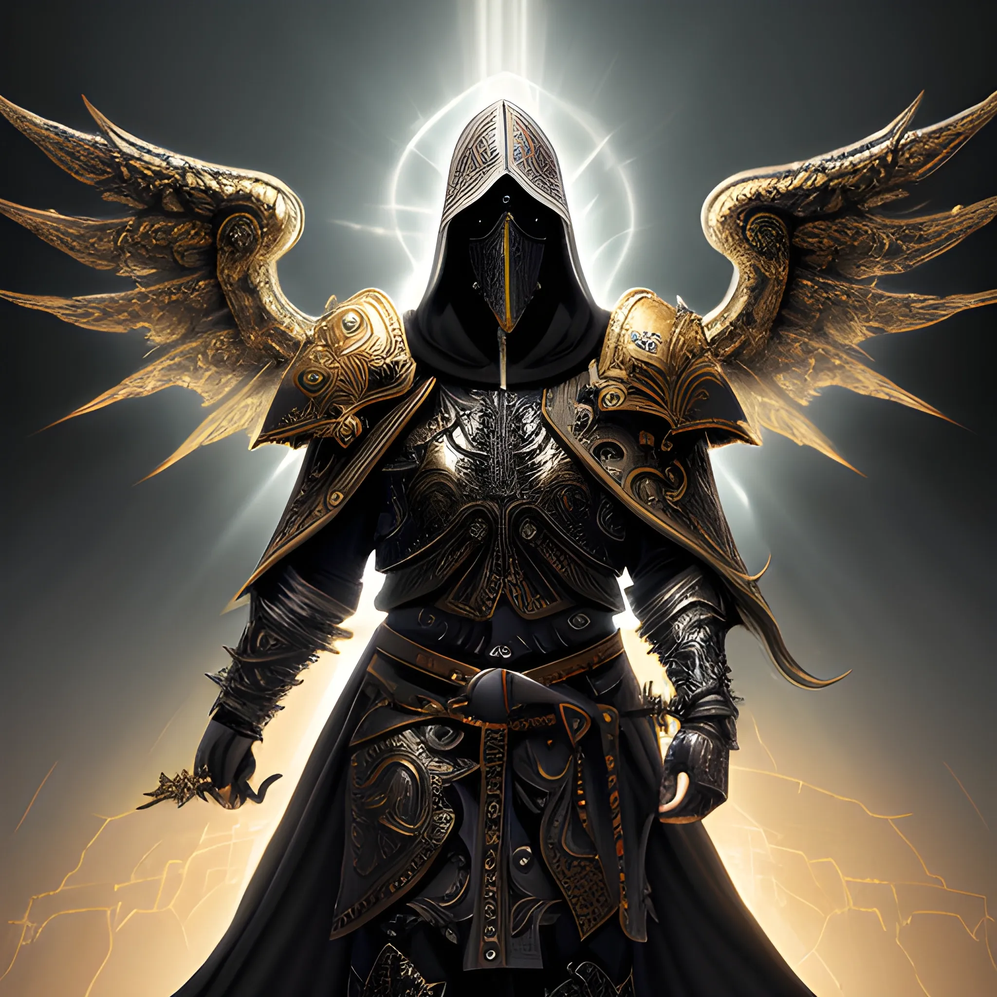 Create a realiCreate a realistic detailed and intricate image of an aasimar scourge paladin wearing a hooded cloak and a heavy metal mask that covers his face. Gold radiant light pours out from his eye sockets. Background is heavenly but dark and eerie., Oil Painting