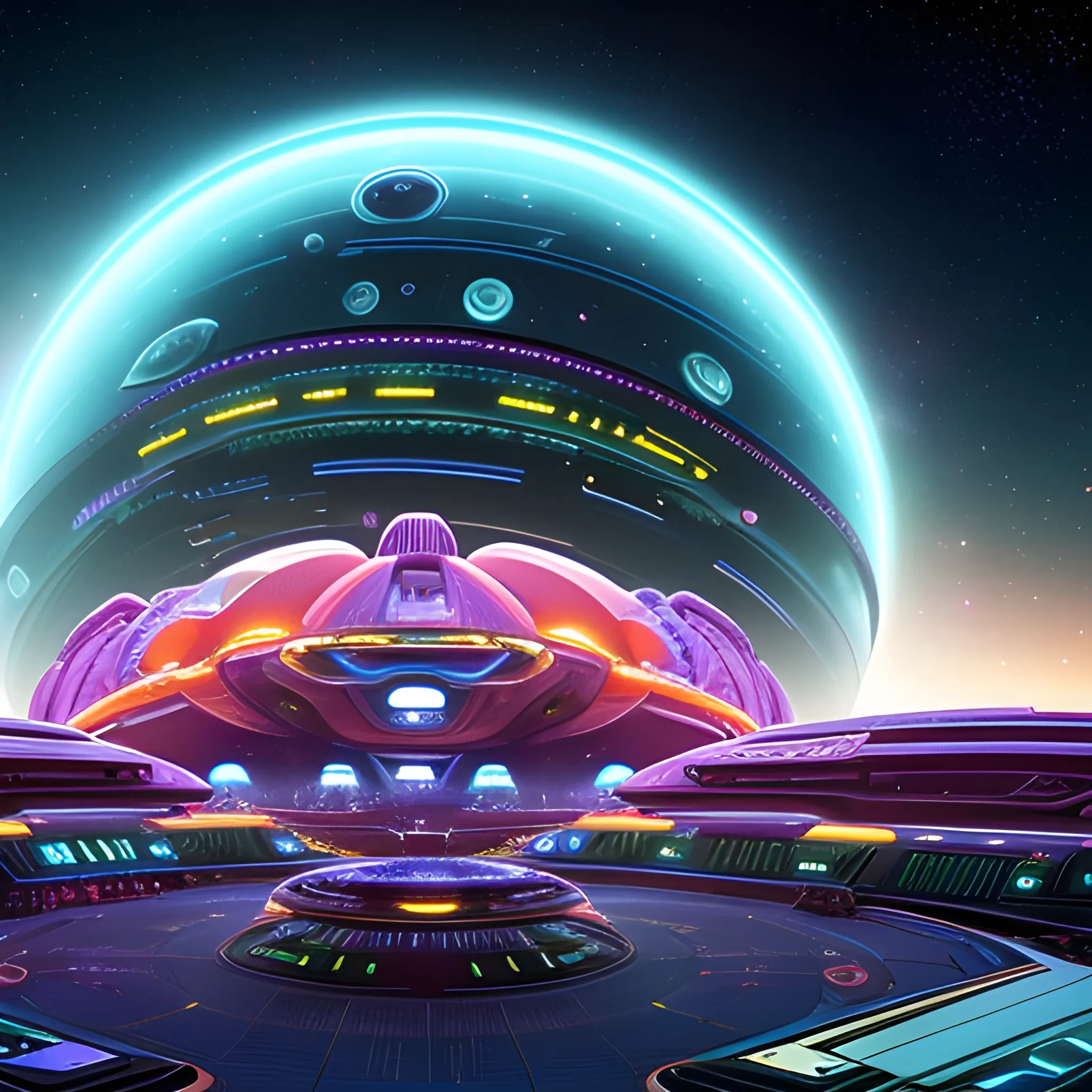 A vibrant cosmic background with a myriad of futuristic spaceships. These ships vary in design, color, and size. Some are sleek and streamlined, while others have intricate patterns and designs. The central focus is a large, circular space station with a unique, infinity-like shape. The ships are scattered throughout the image, with some hovering near the station and others dispersed in the cosmic expanse. The overall theme suggests a setting in outer space, possibly in a galaxy or universe where advanced civilizations exist.A mesmerizing futuristic scene of an alien colony in space, where a massive space station is adorned with vibrant blue, orange, and green LED lights, illuminating the intricate architecture. Multiple spaceships with diverse designs are docked or drifting nearby, reflecting the eclectic tastes of the various alien species. Alien beings in unique attire are seen engaging in various activities, while construction equipment is actively in use, signaling the ongoing expansion of this interstellar habitat. A colossal glowing planet dominates the backdrop, while a drone captures the essence of this bustling interstellar community. This scene is rendered in Octane with 4D 750k UHD resolution, drawing inspiration from the visionary minds of Larry Niven, Steven Spielberg, J. Michael Straczynski, and Harlan Ellison.