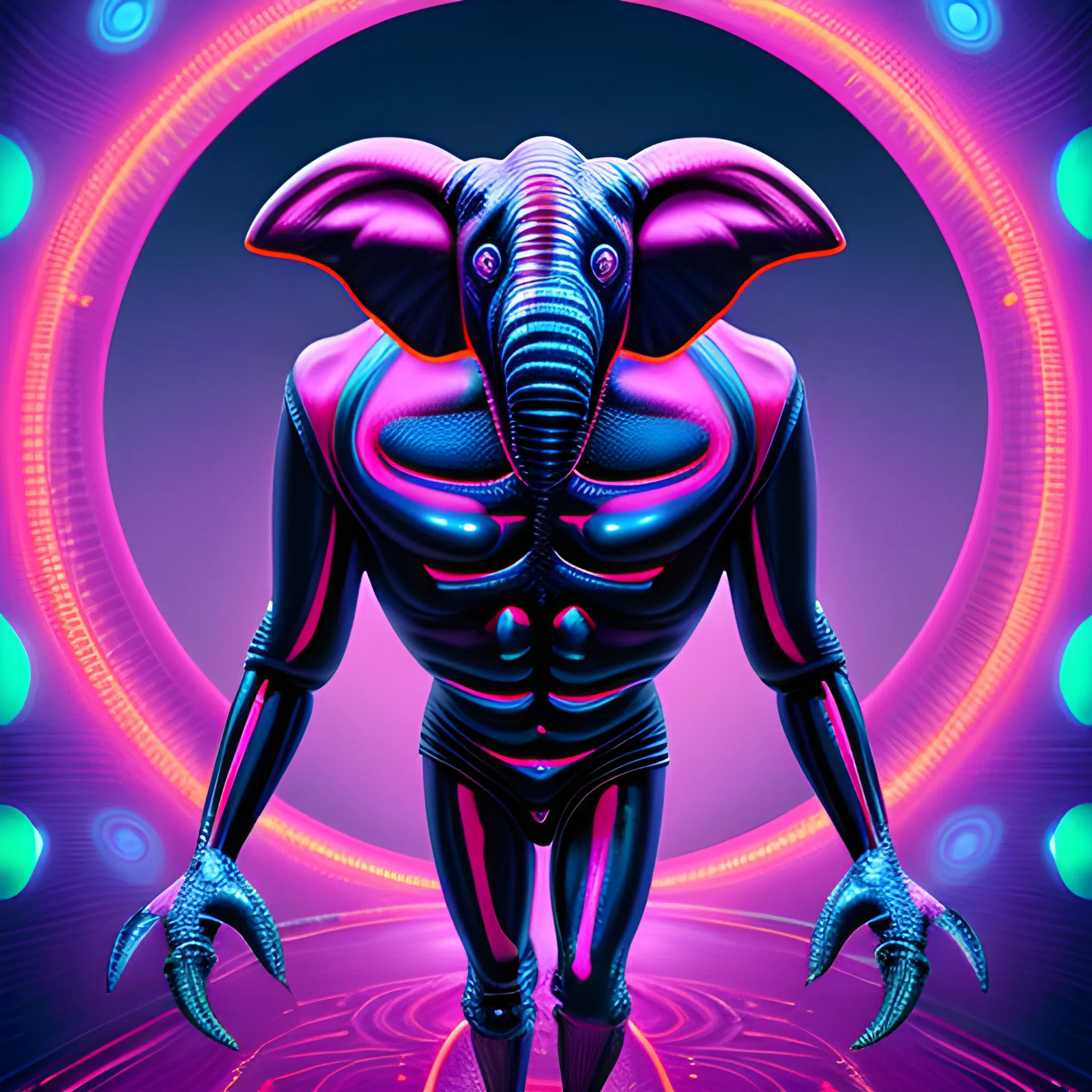 alien elephantman humanoid with very big eyes, ultra glossy, ultra realistic, full colors, ultra HD, ultra 8K, ultra sharp, 4D, super resolution, shiny texture, full body and legs, Trippy