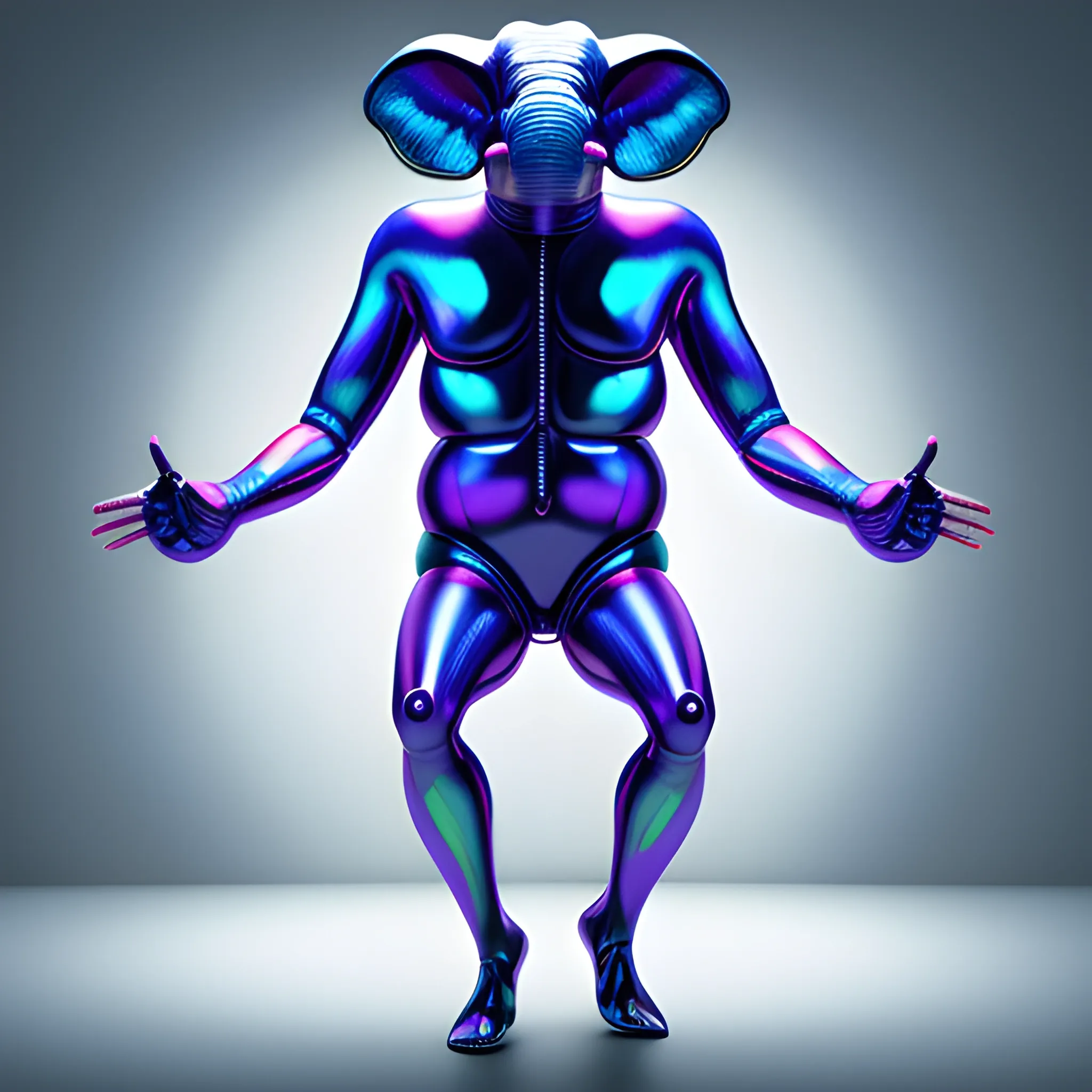 alien elephantman humanoid with very big eyes, ultra glossy, ultra realistic, full colors, ultra HD, ultra 8K, ultra sharp, 4D, super resolution, shiny texture, full body and legs, Trippy