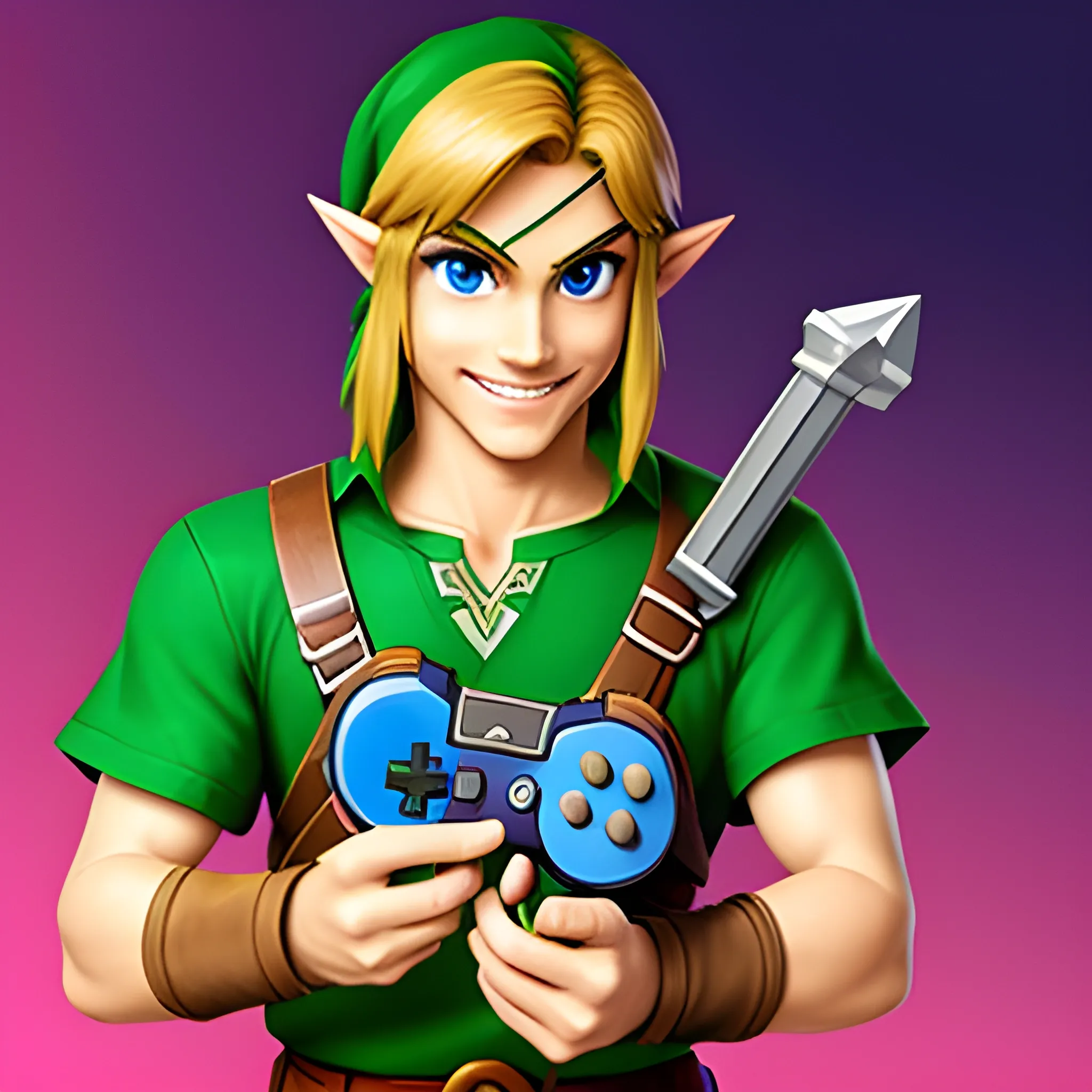 link from the legend of zelda gaming streamer classic video games holding a Nintendo controller smiling posing