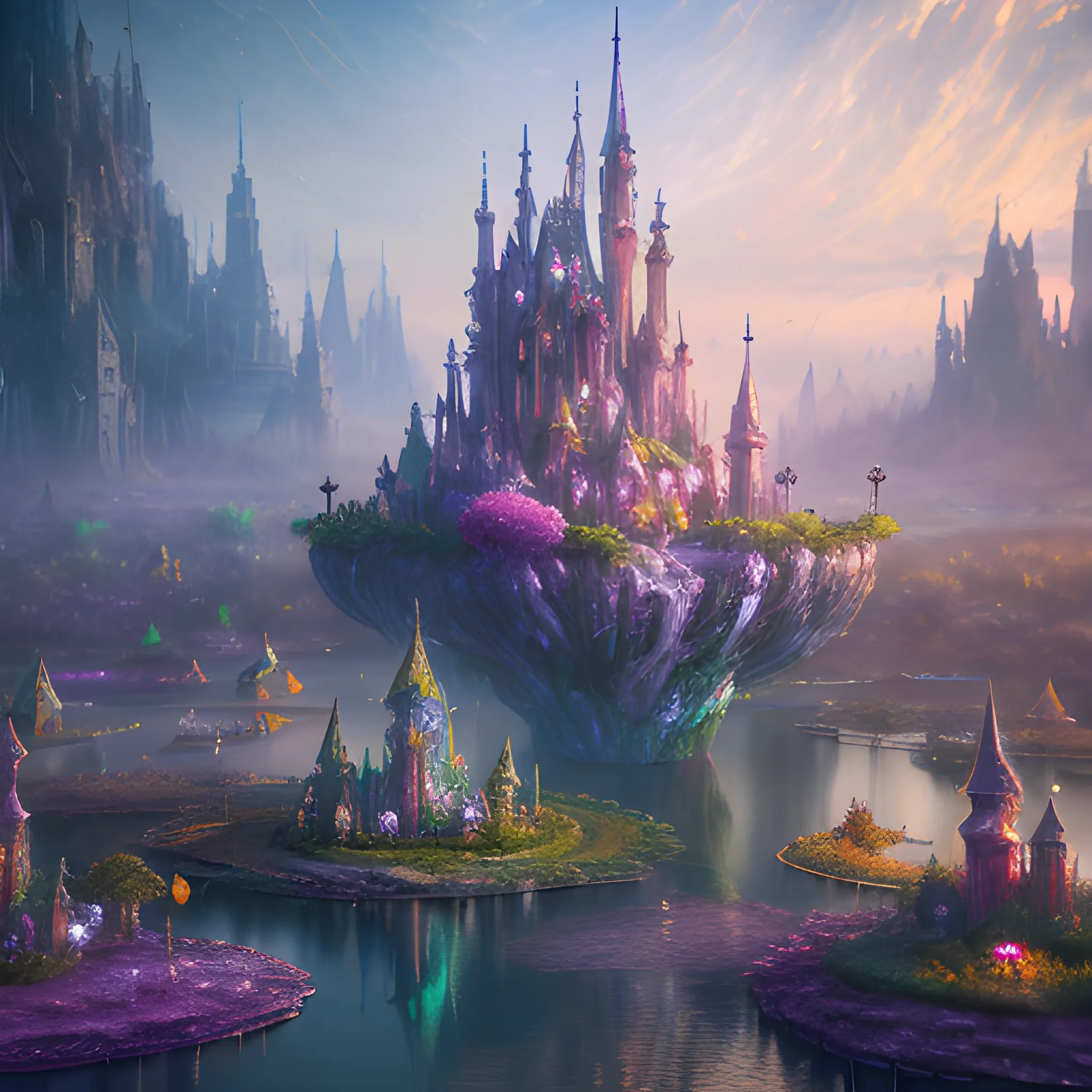 in an ethereal magical fairy city, highly detailed, 8 k, hdr, award - winning, octane render, artstation, volumetric lighting, Oil Painting, Water Color,