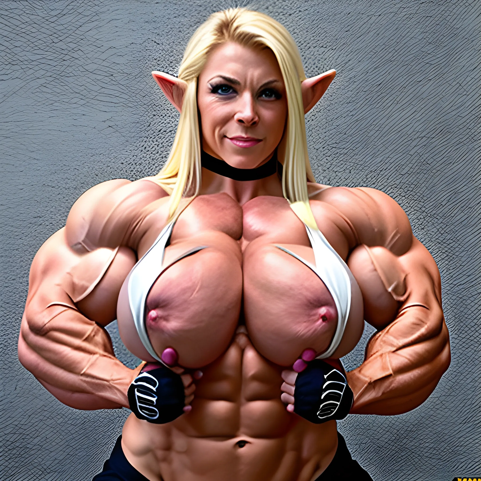 hyper muscular female bodybuilder Zelda with huge boobs