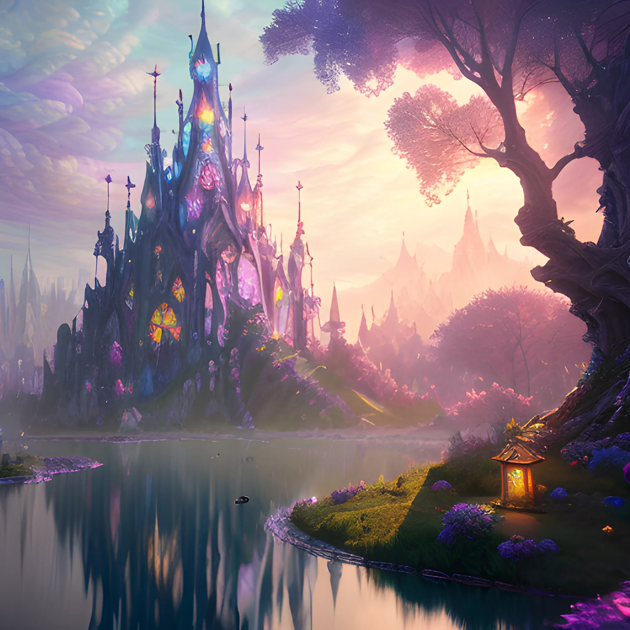 in an ethereal magical fairy city, highly detailed, 8 k, hdr, award - winning, octane render, artstation, volumetric lighting, Oil Painting, Water Color,, Trippy