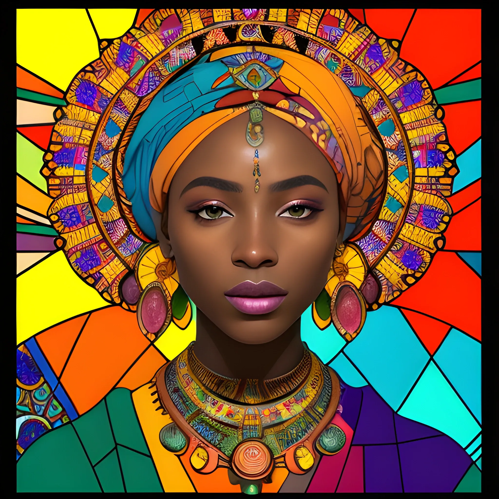 he image depicts a portrait of a woman in the style of a vibrant stained glass art piece. She has rich, dark skin and is adorned with colorful, ornate attire that suggests African cultural influence. Her head is crowned with a headwrap featuring a mosaic of radiant, multicolored patterns, which harmoniously blend with the stained glass motif. The background radiates outwards with a warm, luminous effect, encompassing a spectrum of colors and geometric floral designs, adding to the artwork's majestic and contemporary feel.