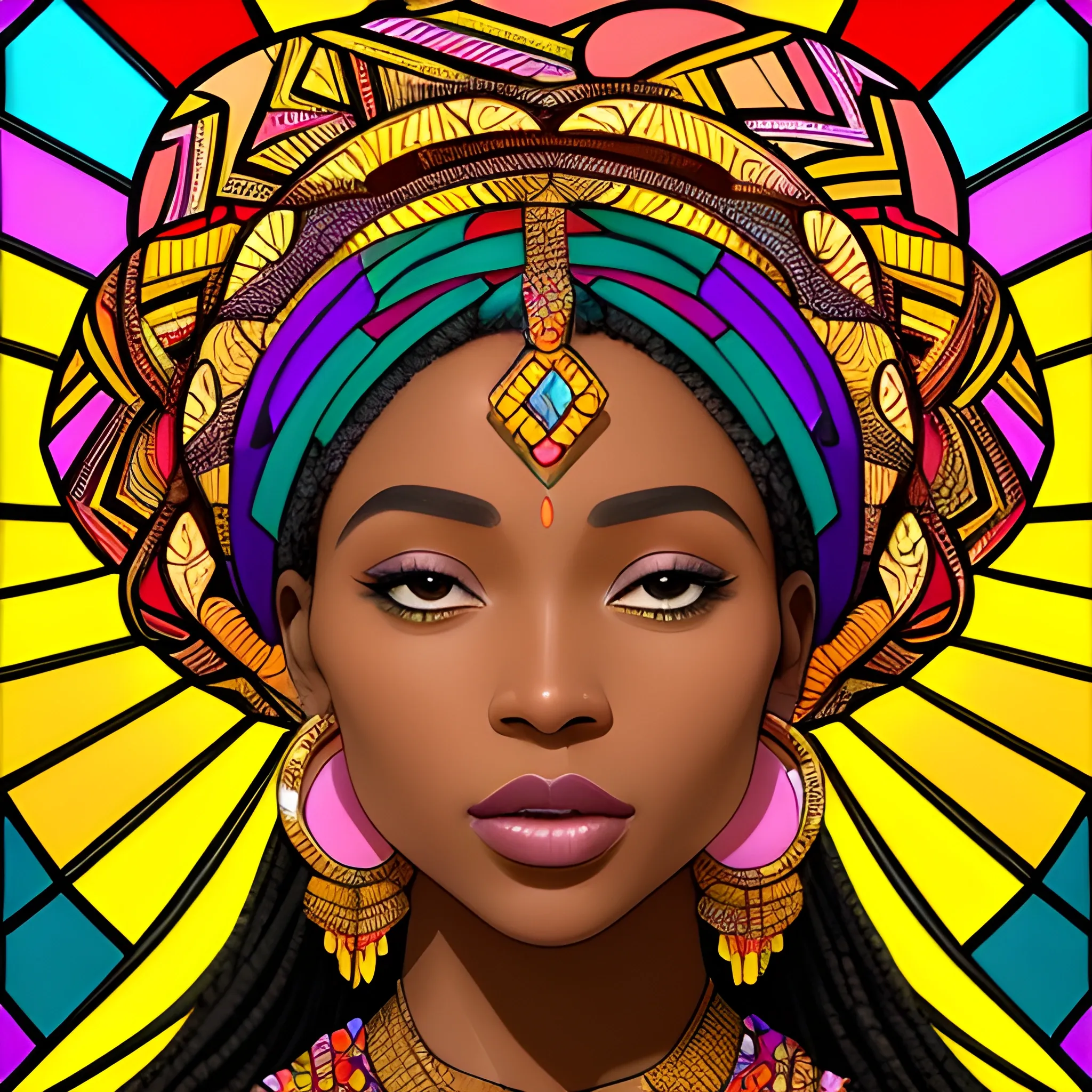 he image depicts a portrait of a woman in the style of a vibrant stained glass art piece. She has rich, dark skin and is adorned with colorful, ornate attire that suggests African cultural influence. Her head is crowned with a headwrap featuring a mosaic of radiant, multicolored patterns, which harmoniously blend with the stained glass motif. The background radiates outwards with a warm, luminous effect, encompassing a spectrum of colors and geometric floral designs, adding to the artwork's majestic and contemporary feel., Cartoon