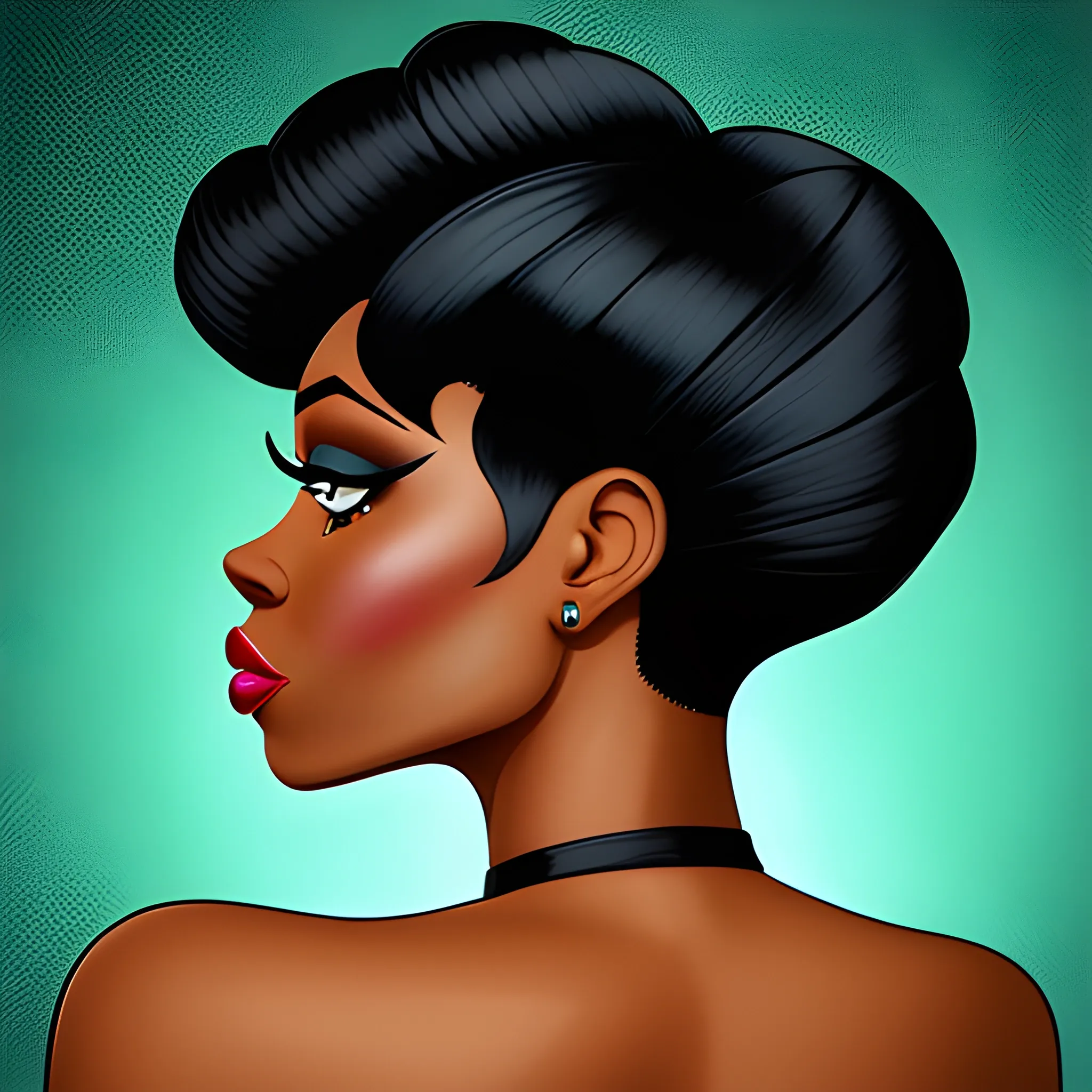 back view, sofisticated, Cartoon, small head black woman, short hair , dancing. background