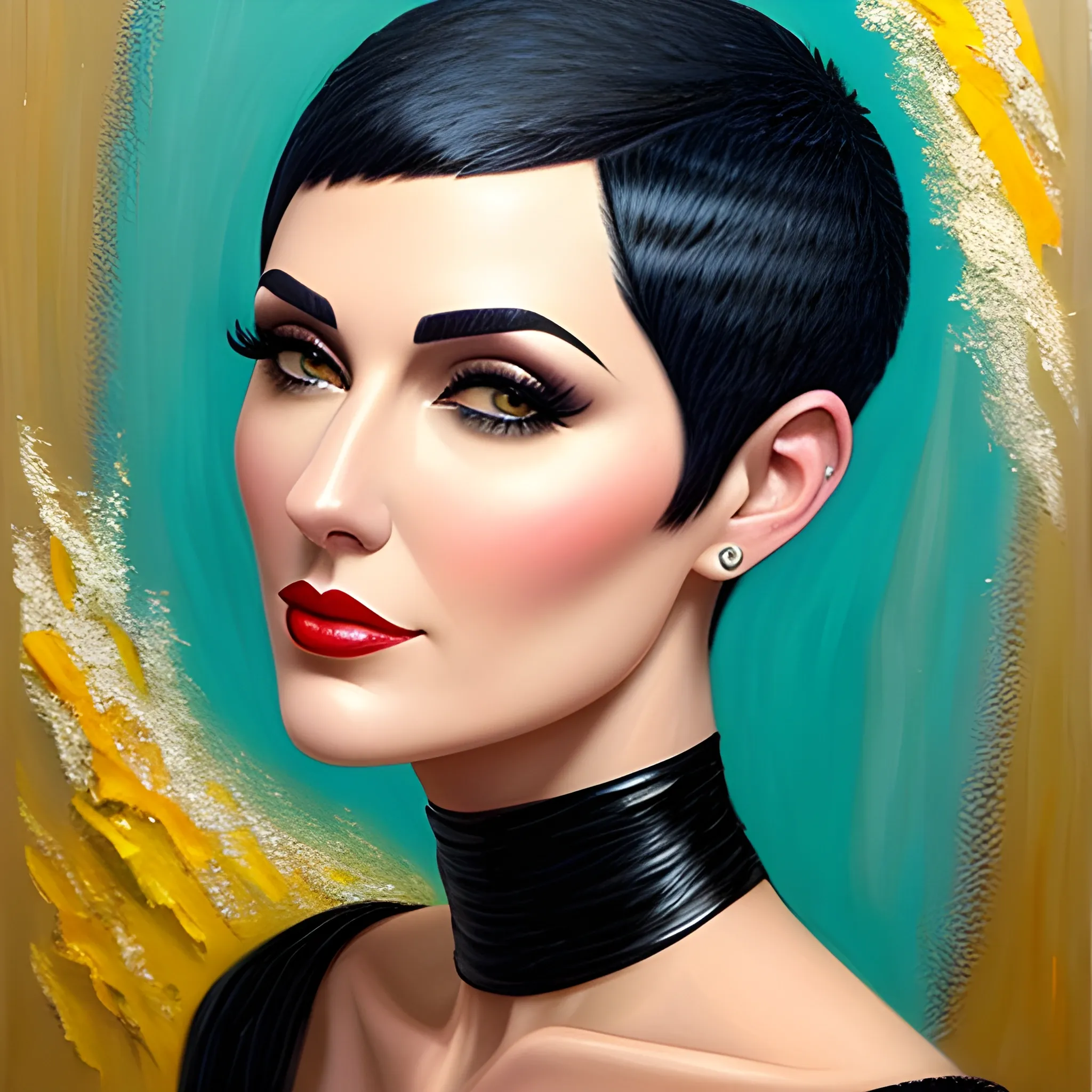 black hair girl pixie buzz cut, Oil Painting