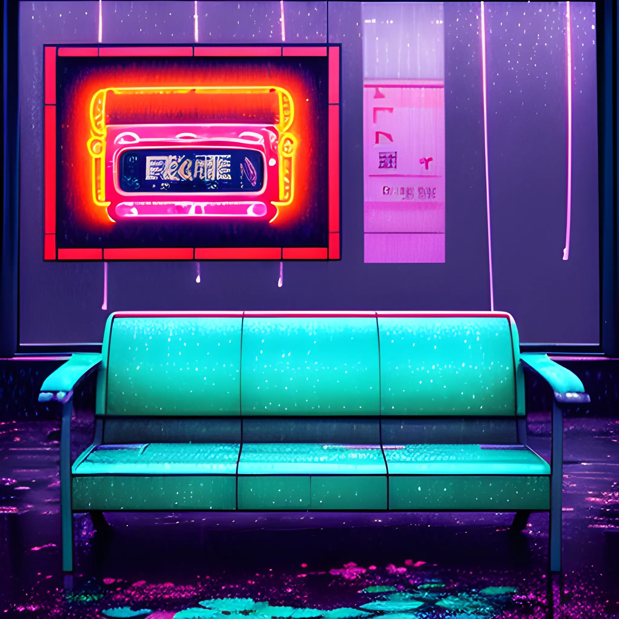 Create art with japanese bus stop and old, damaged sofa, 3D, rainy weather, not intense colours, night, neon lights in the background