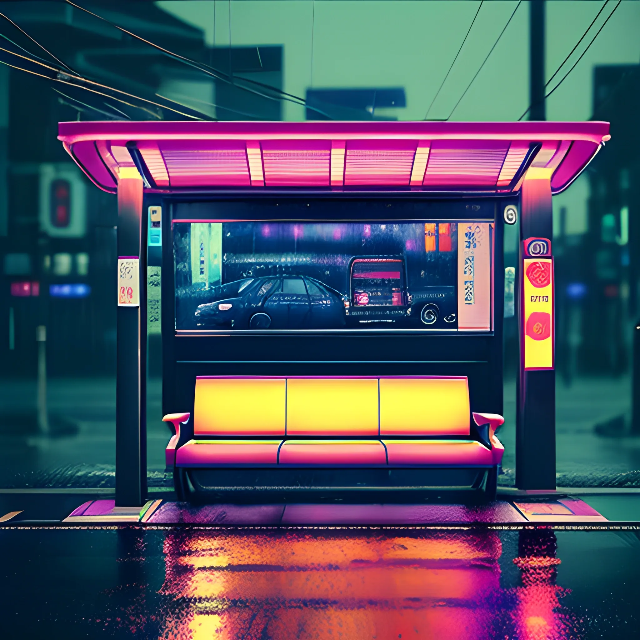 Create art with japanese bus stop and old, damaged sofa, 3D, rainy weather, not intense colours, night, neon lights in the background, dark