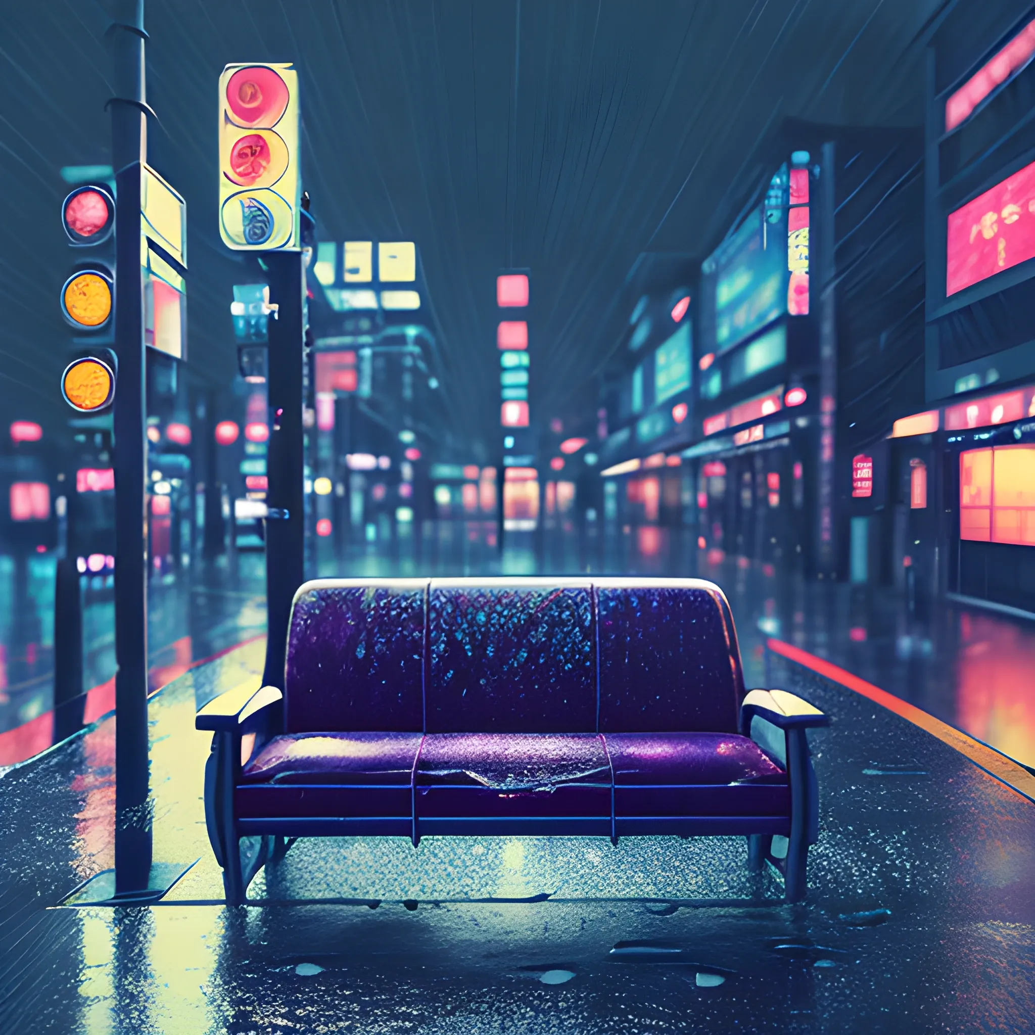 Create art with japanese bus stop, old damaged sofa with scratches, 3D, rainy weather, not intense colours, night, delicate neon lights in the background, dark