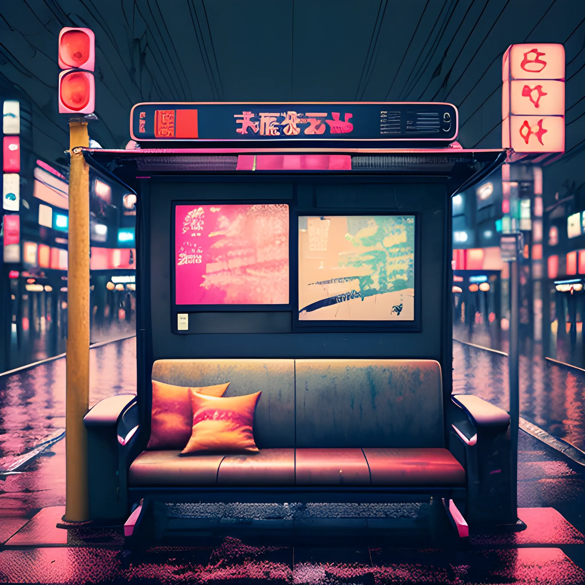 Create art with japanese bus stop, old damaged sofa with scratches, 3D, rainy weather, not intense colours, night, delicate neon lights in the background, dark, desaturated