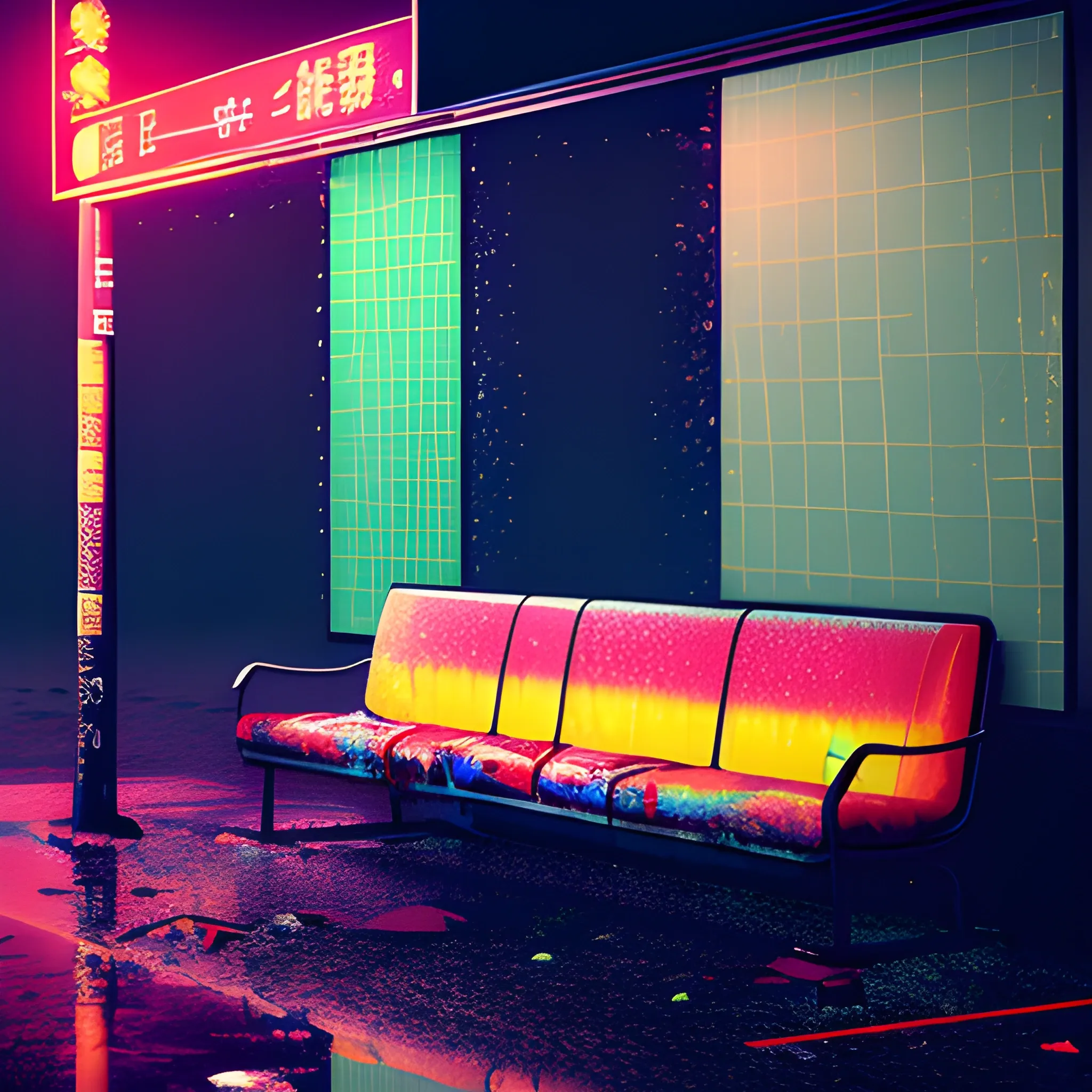 Create art with japanese damaged bus stop, glass, old damaged sofa with scratches, 3D, rainy weather, not intense colours, night, delicate neon lights in the background, dark, desaturated