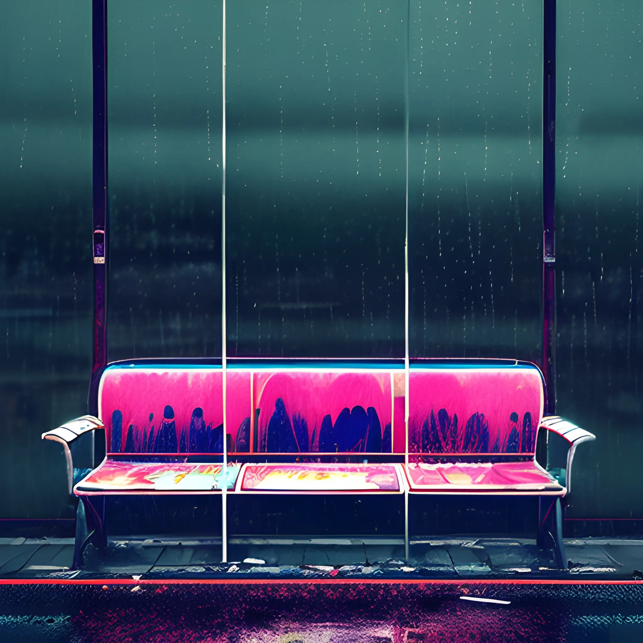 Create art with japanese damaged bus stop, glass, old damaged sofa with scratches, 3D, rainy weather, not intense colours, night, delicate neon lights in the background, dark, desaturated, no people