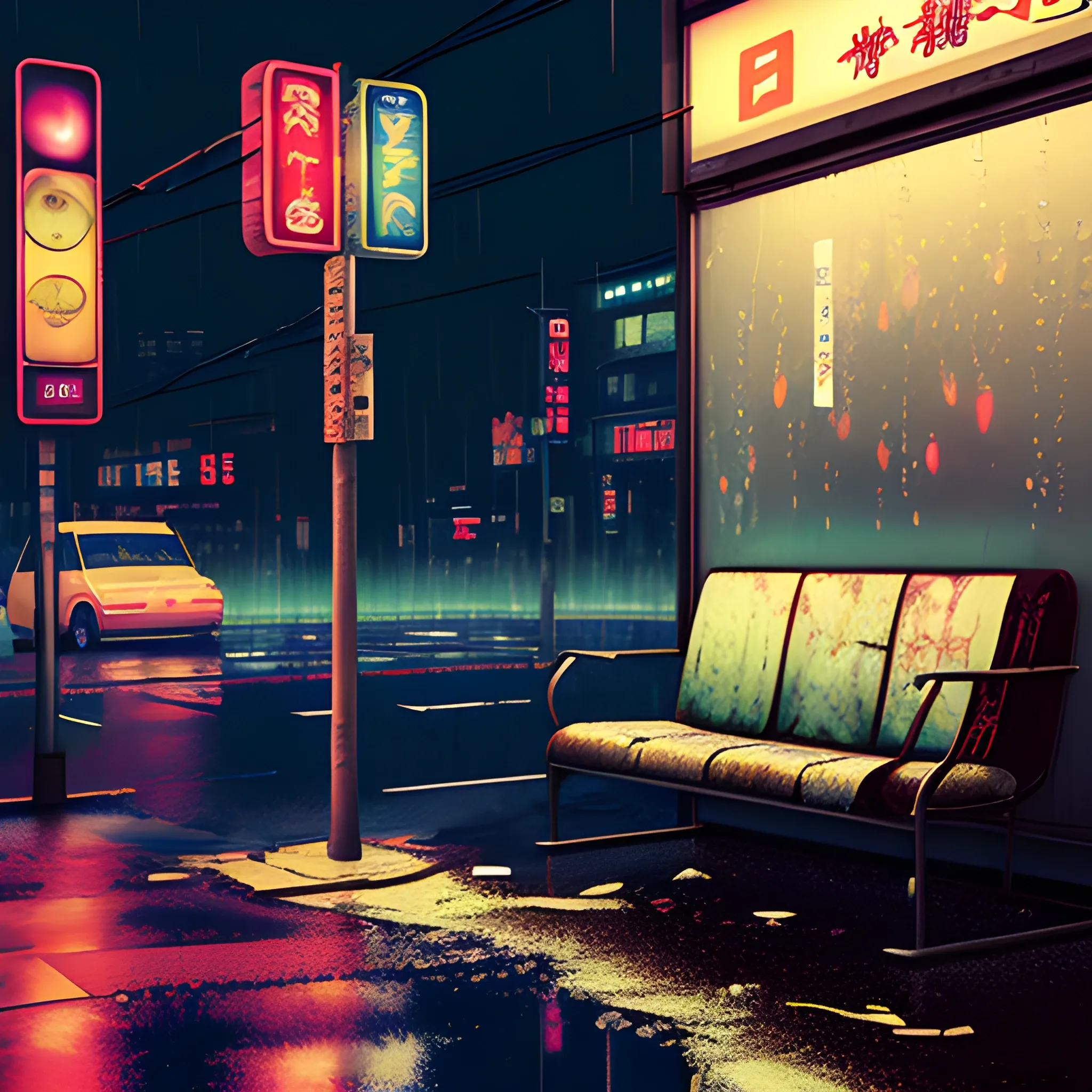 Create art with japanese damaged bus stop, glass, old damaged sofa with scratches, 3D, rainy weather, not intense colours, night, delicate neon lights in the background, dark, desaturated, no people