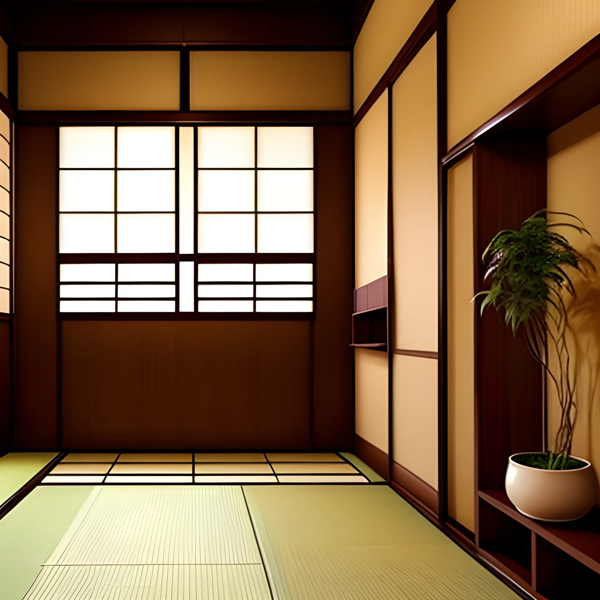 hallway, japanese room, plants, old style, cozy, not official, brown wooden floor, wooden furniture, shelf