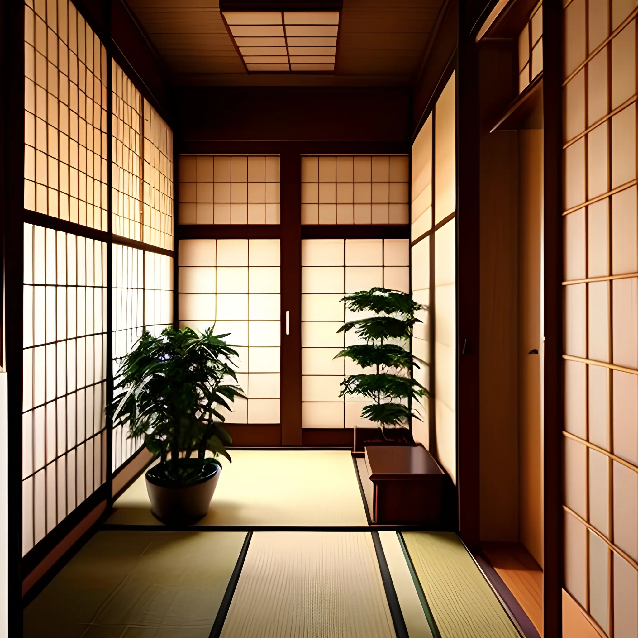 hallway, japanese room, plants in pots, old style, cozy, not official, brown wooden floor, wooden furniture, shelf, vintage
