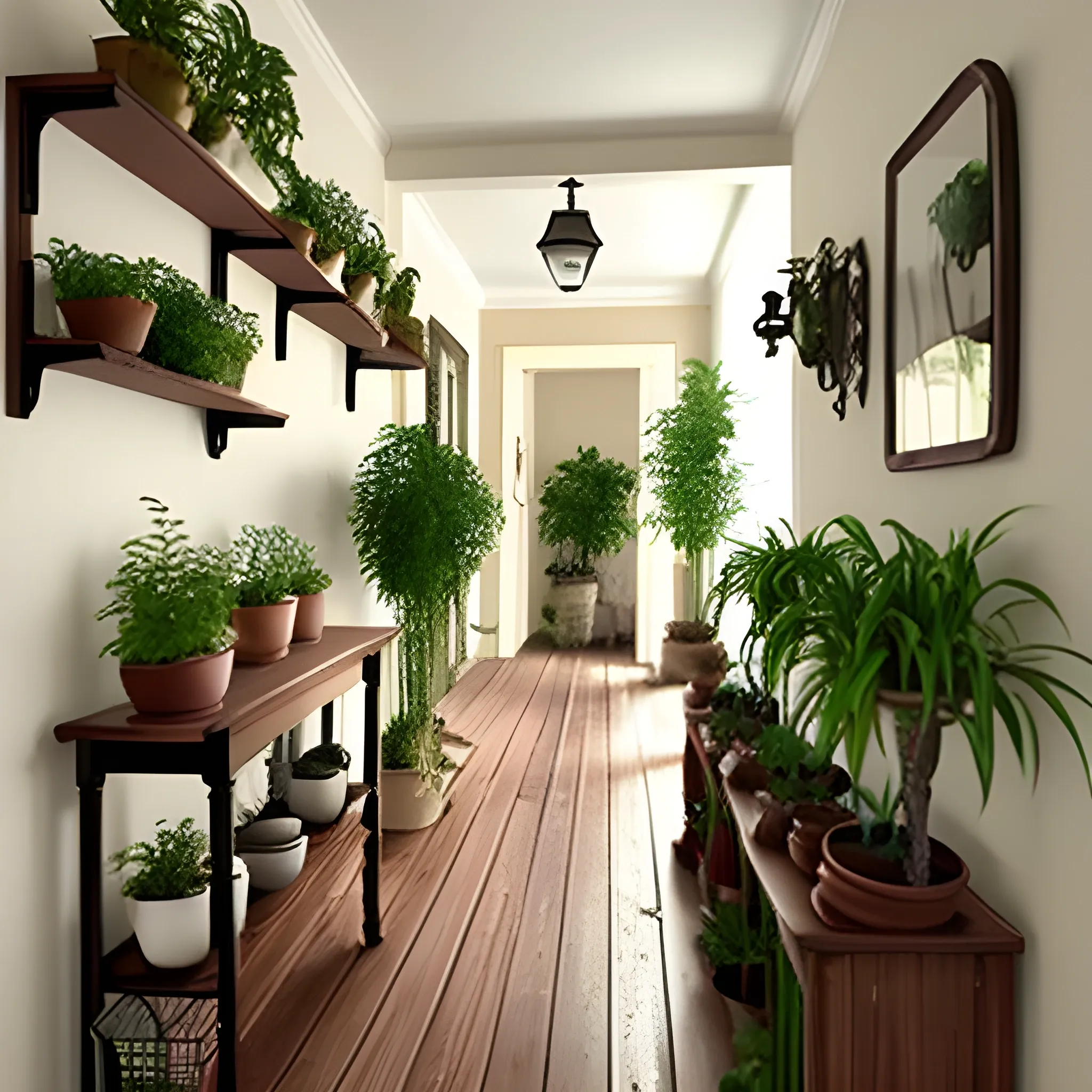 hallway, plants in pots, old style, cozy, not official, brown wooden floor, wooden furniture, shelf, vintage
