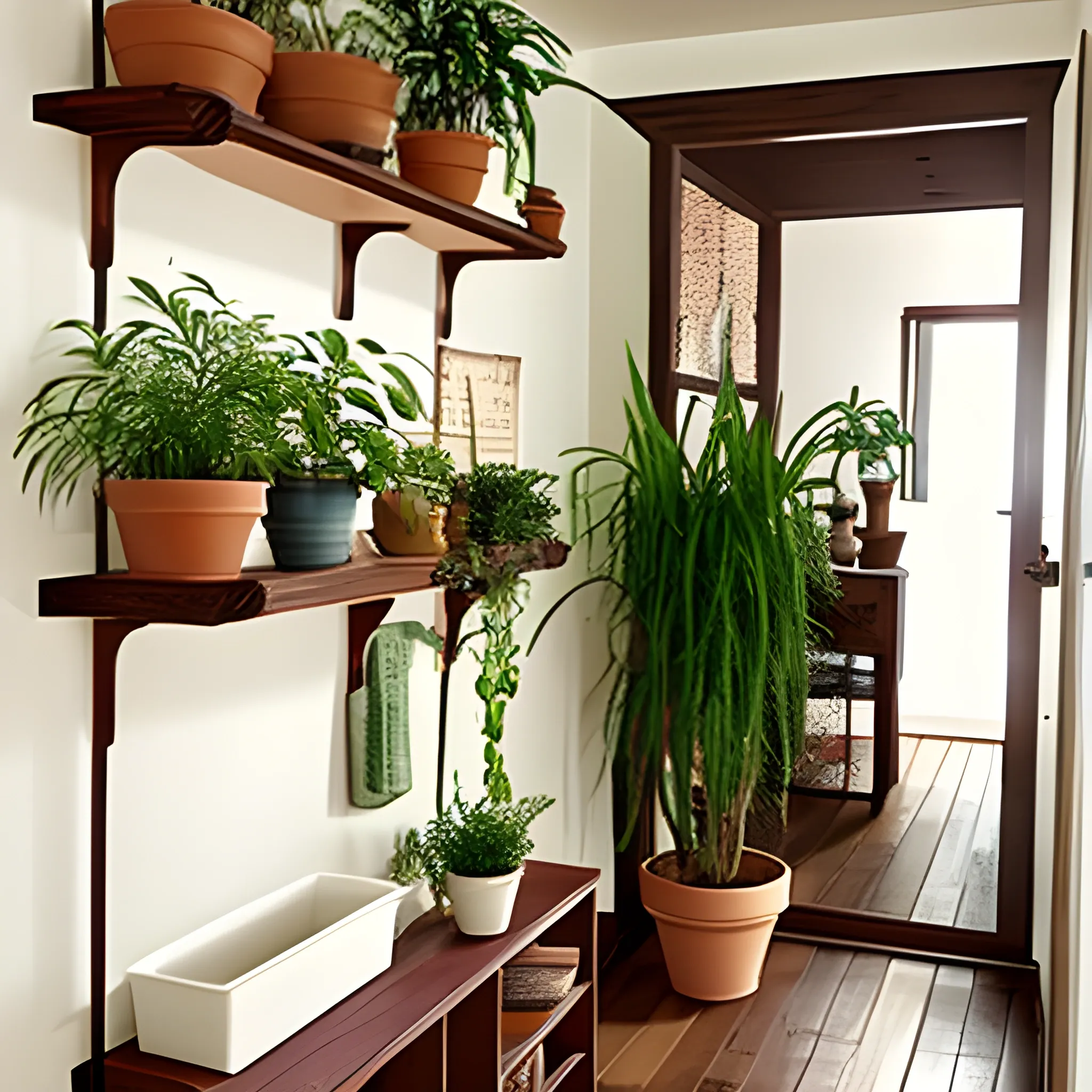 hallway, plants in pots, cozy, brown wooden floor, wooden furniture, shelf, vintage, warm colors
