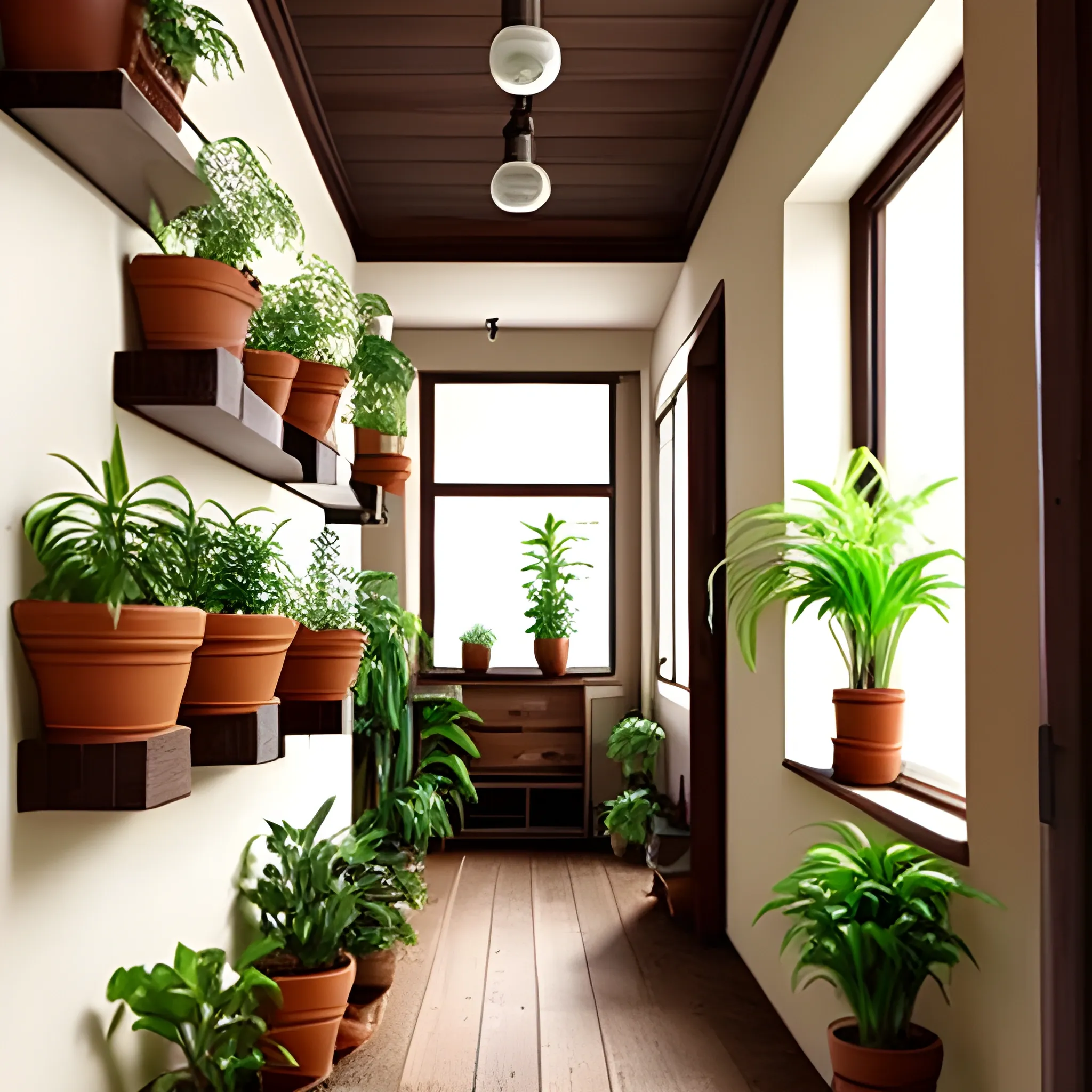 hallway, plants in pots, cozy, brown wooden floor, wooden furniture, shelf, vintage, warm colors, not beautiful
