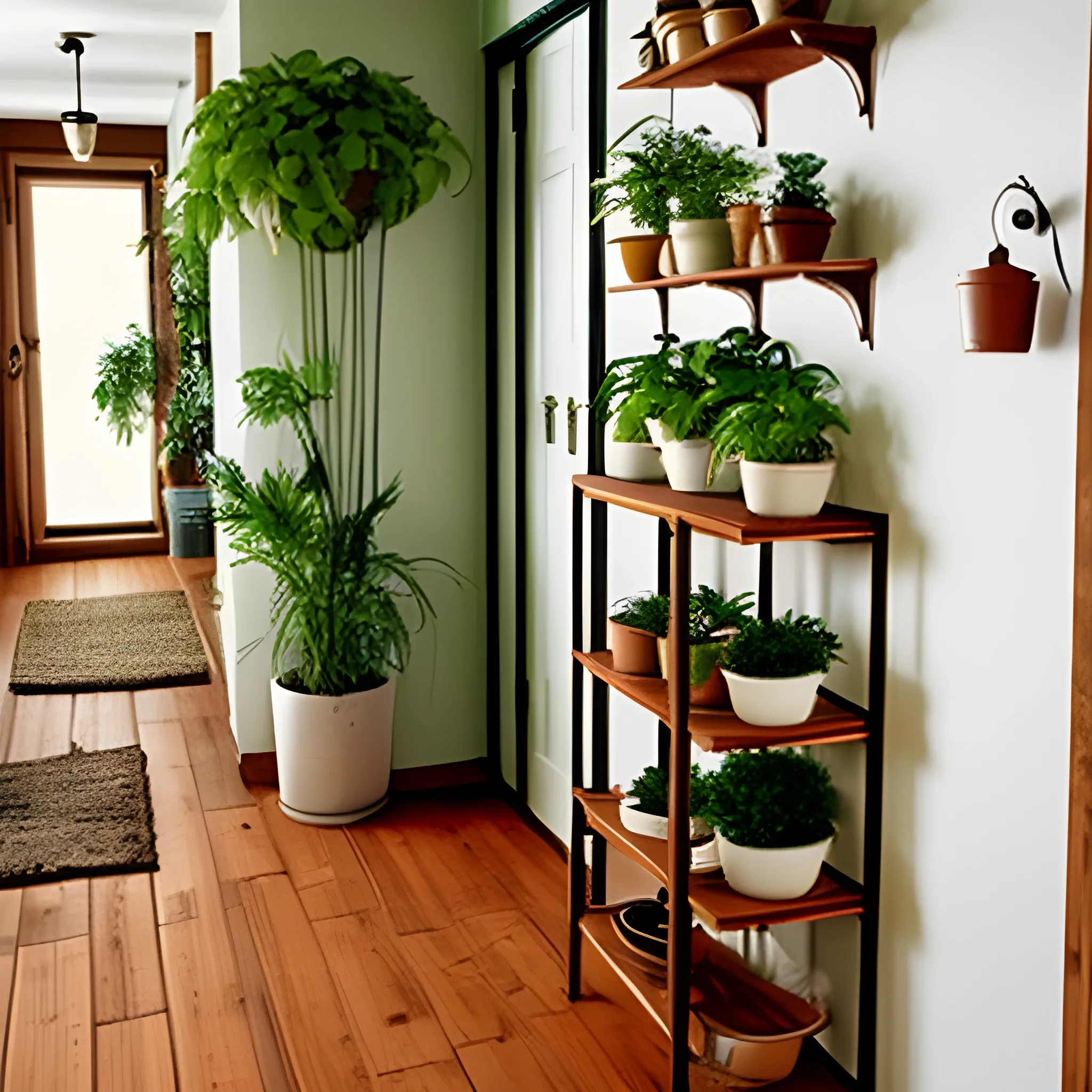 hallway, plants in pots, cozy, brown wooden floor, wooden furniture, shelf, vintage, warm colors, not beautiful, ugly
