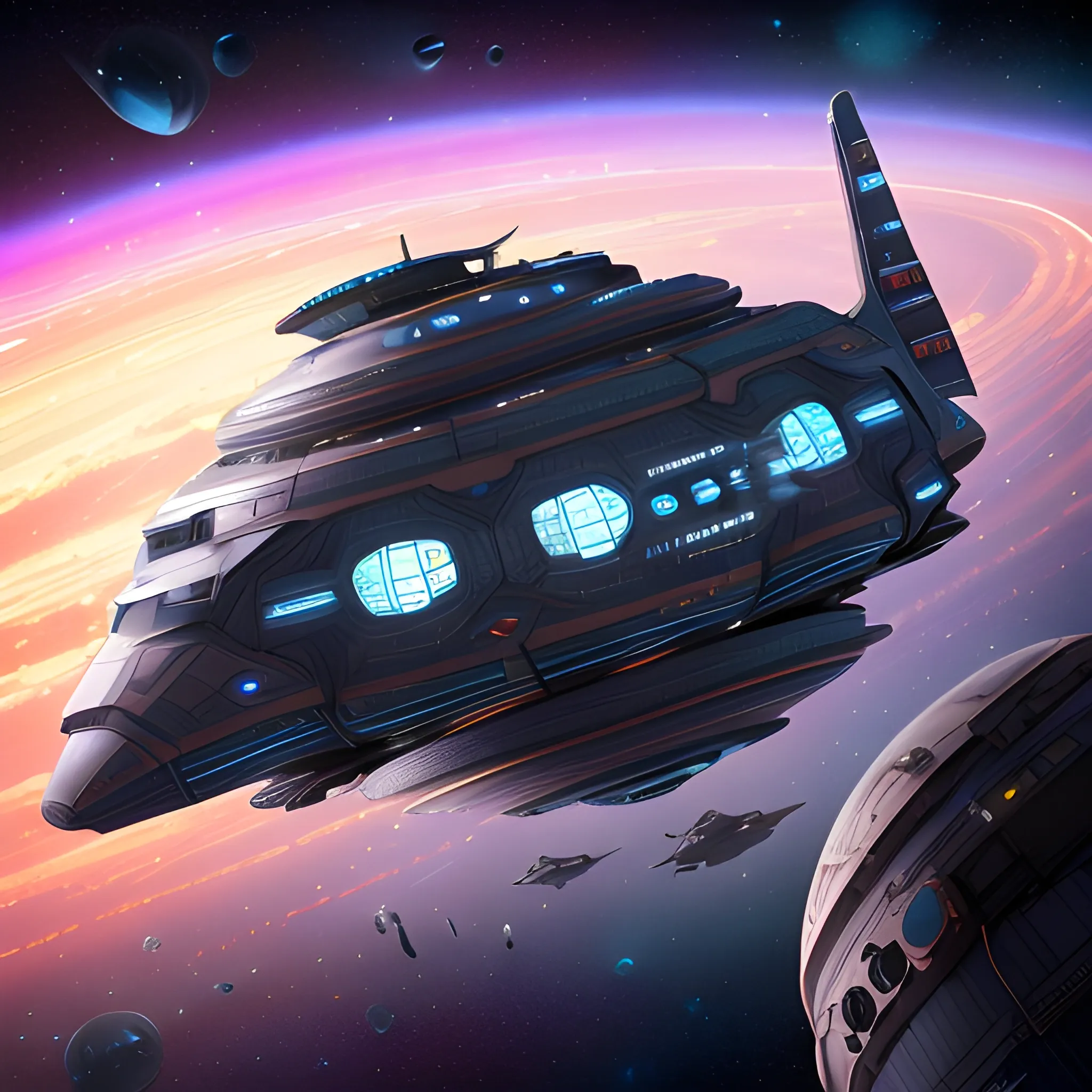 A vibrant cosmic background with a myriad of futuristic spaceships. These ships vary in design, color, and size. Some are sleek and streamlined, while others have intricate patterns and designs. The central focus is a large, circular space station with a unique, infinity-like shape. A starship made from the following: a beat up old washer, MRI Machine, CT Scanner, 1934 Winnebago, tons of duct tape, odd vehicle parts, 2 large shipping containers,1924 Deusenberg.The ships are scattered throughout the image, with some hovering near the station and others dispersed in the cosmic expanse. The overall theme suggests a setting in outer space, possibly in a galaxy or universe where advanced civilizations exist. Multiple Gothicpunk spaceships with diverse designs are docked or drifting nearby, reflecting the myriad tastes of the various alien species. Alien beings in unique attire are seen engaging in various activities, while construction equipment is actively in use, signaling the ongoing expansion of this interstellar habitat. A colossal glowing planet dominates the backdrop, while a drone captures the essence of this bustling interstellar community. This scene is rendered in Octane with 4D 750k UHD resolution, drawing inspiration from the visionary minds of Mel Brooks, Steven Spielberg, J. Michael Straczynski, and Harlan Ellison.