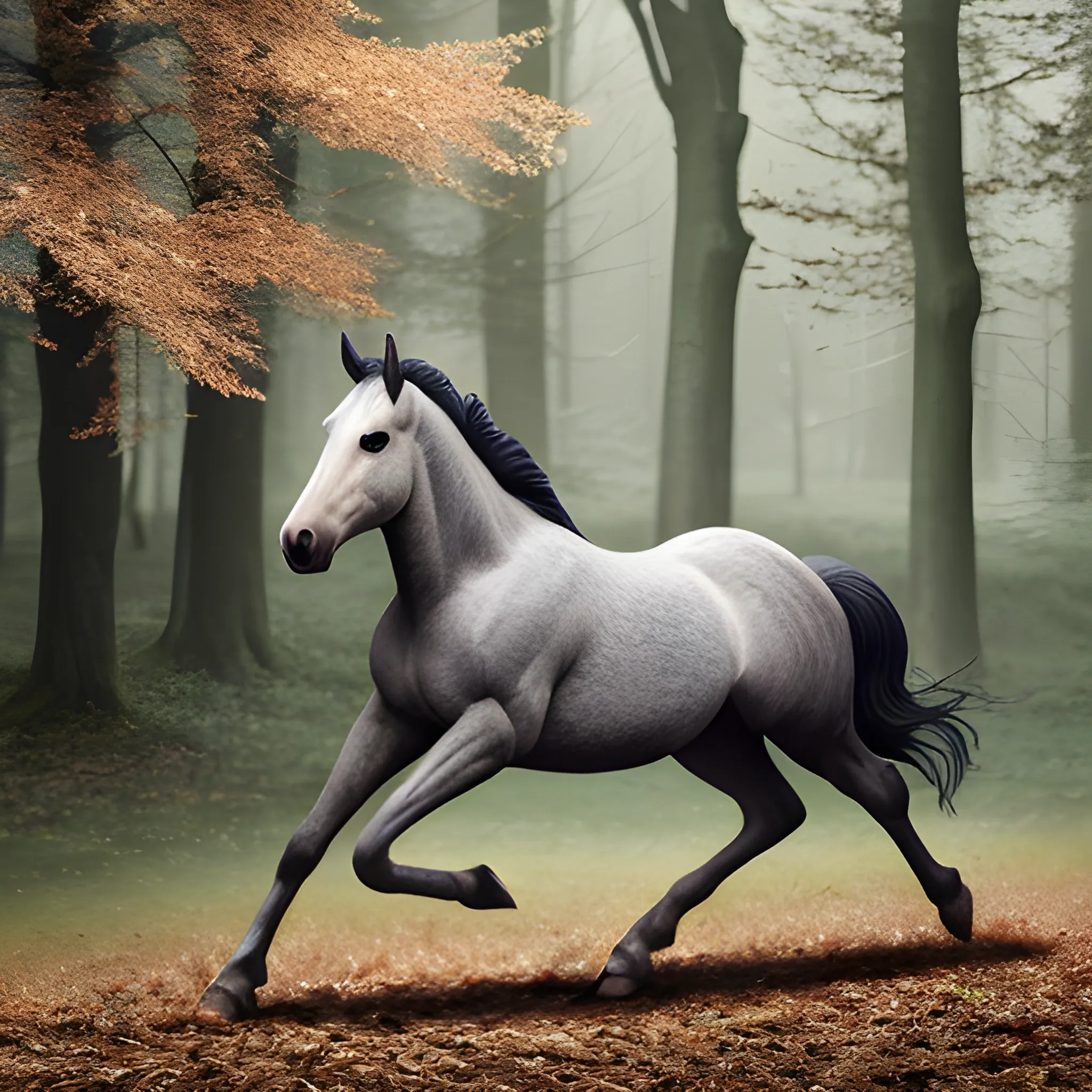 A horse running through the very realistic woods with leaves in its hair and a grey coat 