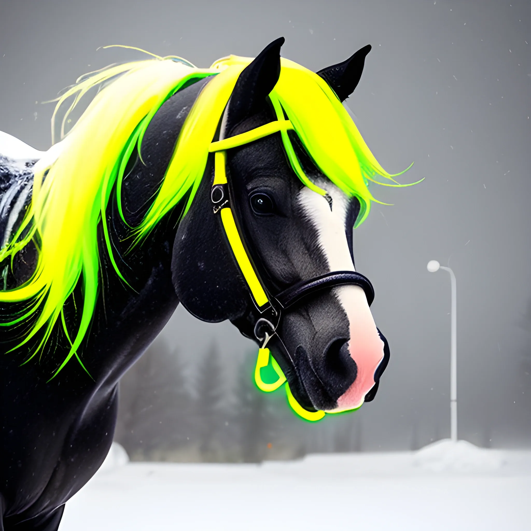 A horse with neon yellow hair and a coat with both white dots in it, the horse is also in the middle of a blizzard 