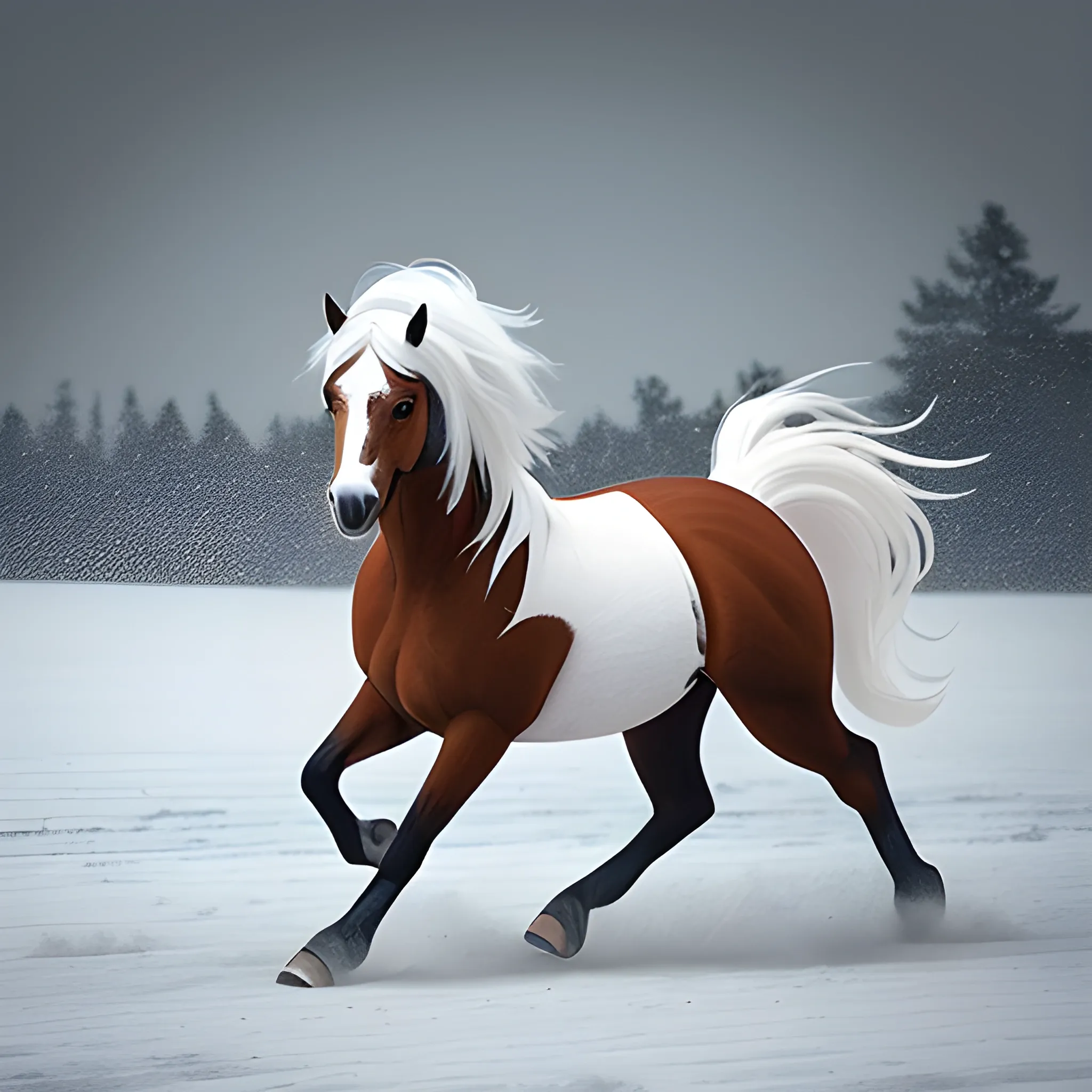 A mustang horse with neon white hair and a brown coat with both white dots in it, the horse is also in the middle of a blizzard 